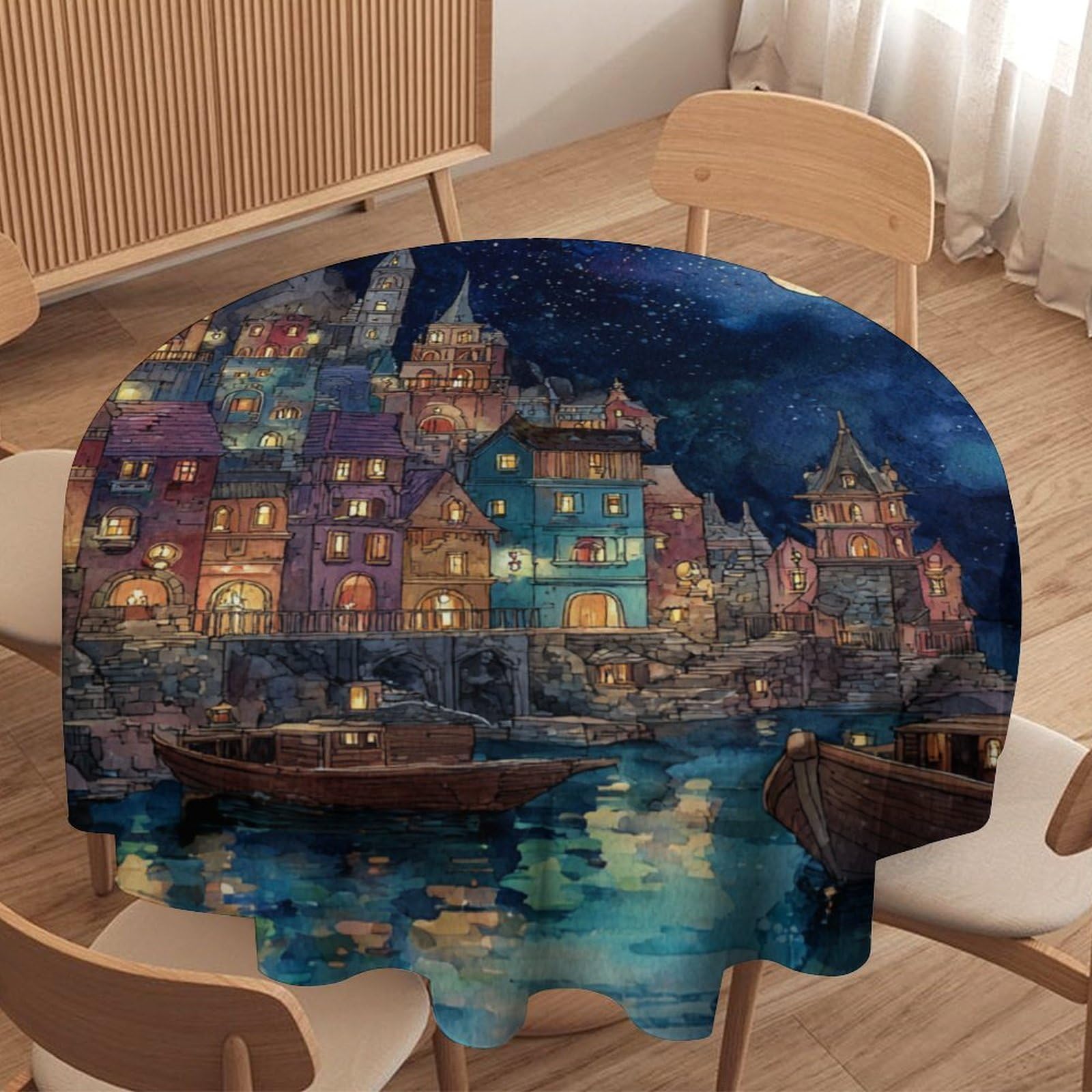 LUYYSKY Fantasy Abstract Coastal City Round Tablecloth Beautiful Rustic Full Moon Starry Night Galaxy Sailboat Ship Washable Decor for Table Cover for Kitchen-91.4" Wx91.4 L cm