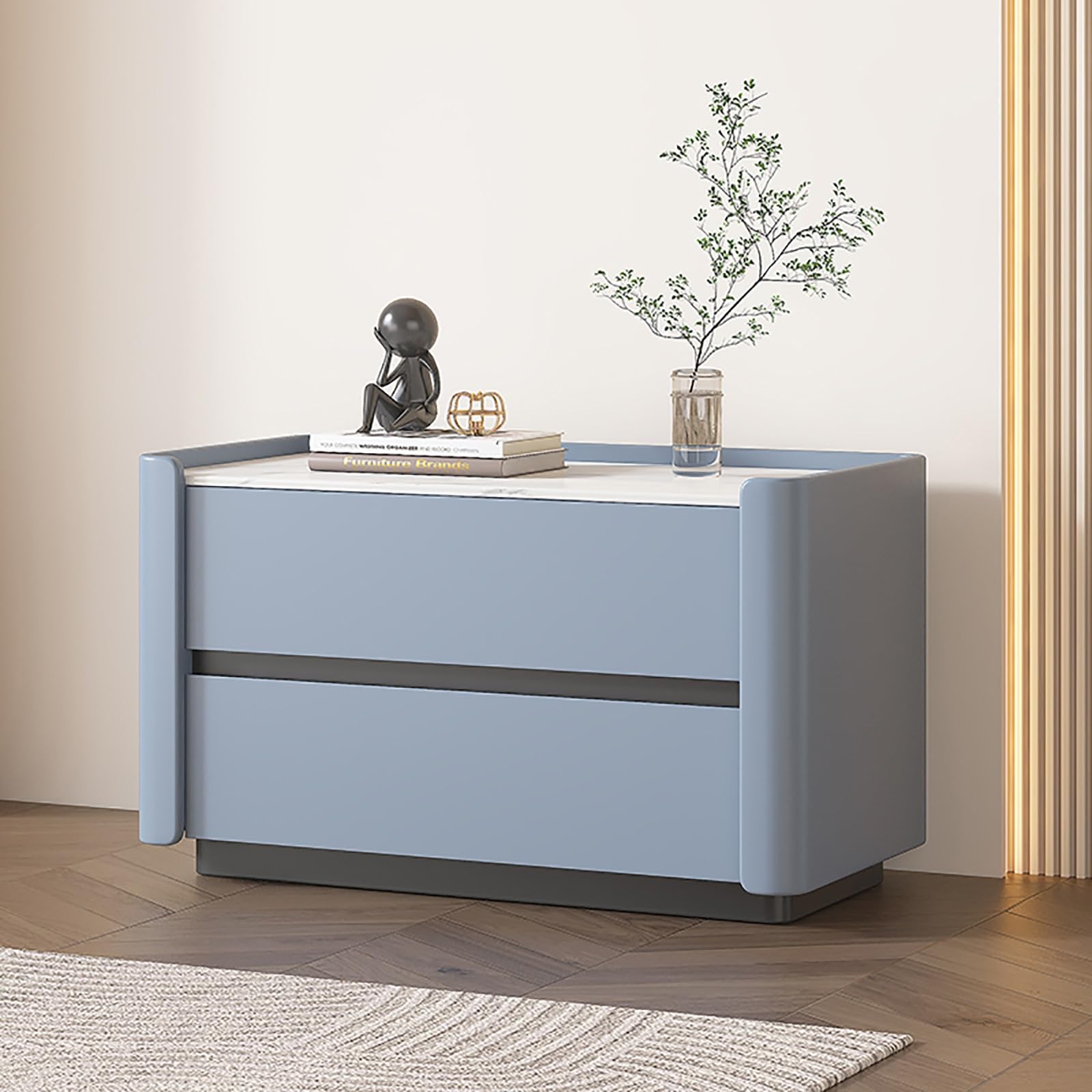 Table de nuit moderne bleu clair avec 2 grands tiroirs et étagère de rangement