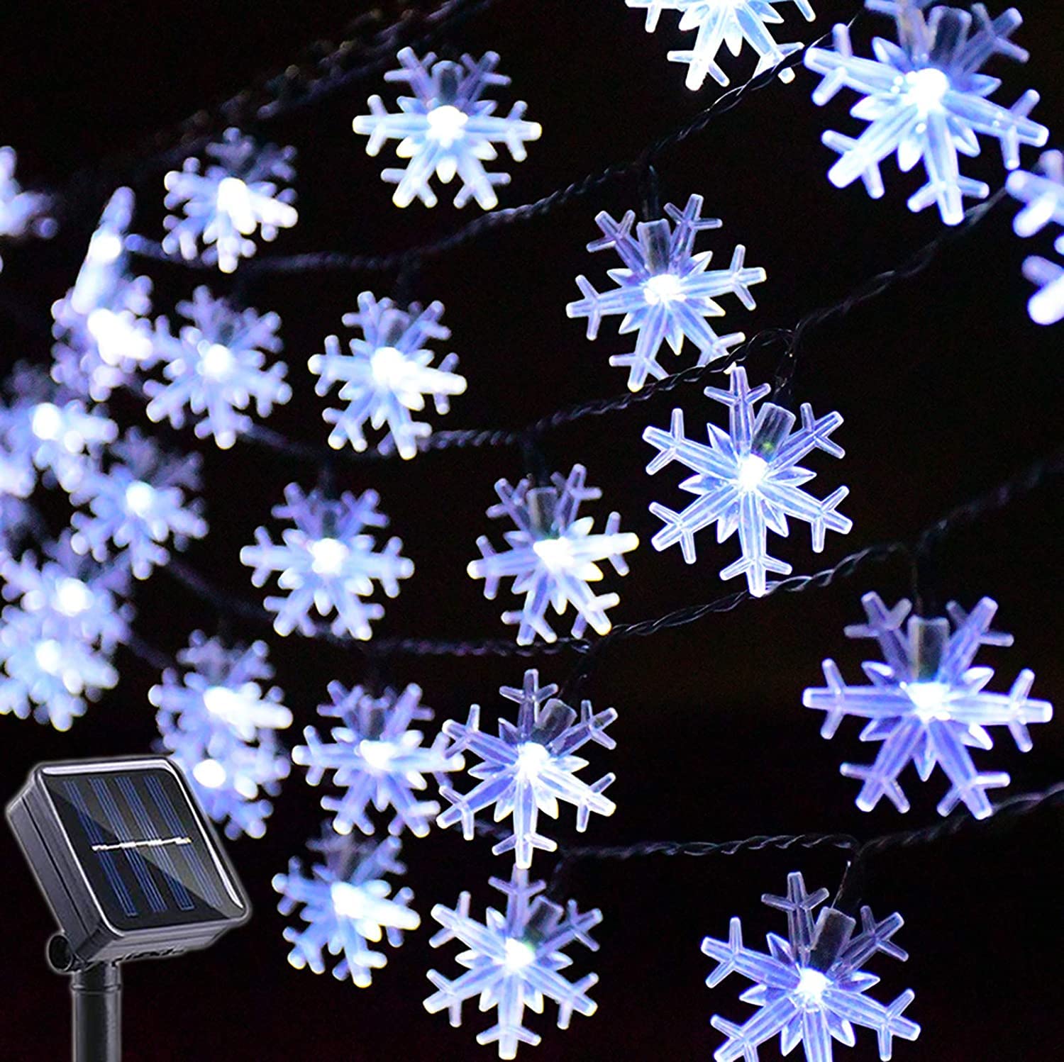 Solarny łańcuch świetlny z płatkami śniegu, do ogrodu, na zewnątrz, z 8 trybami, wodoodporne, solarne światła bożonarodzeniowe, na imprezę ogrodową, Boże Narodzenie, (22 m, 200 LED, biały)