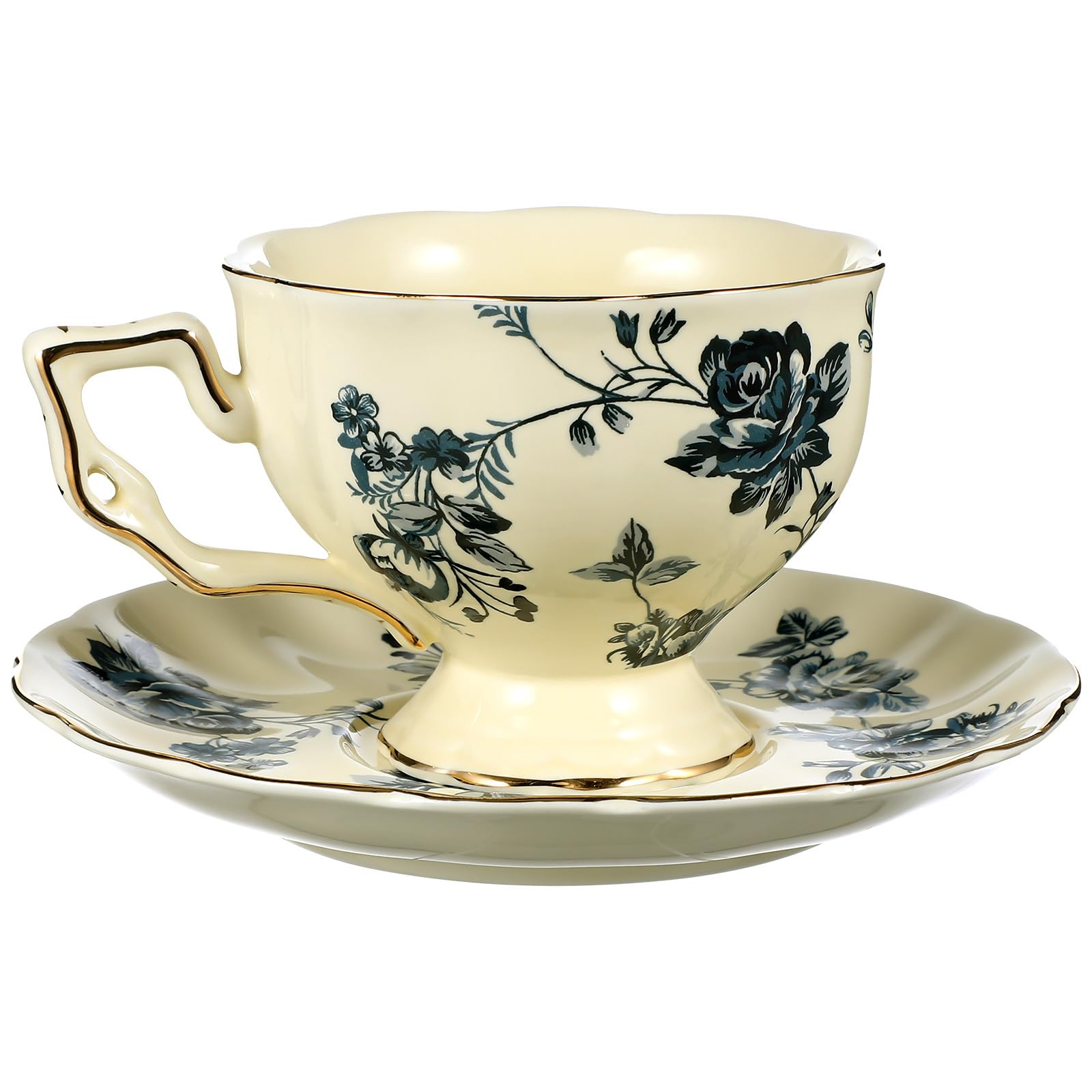 Beavorty Vintage Keramiktasse mit Unterteller Milchtasse und Wasserbecher Blaues Florales Muster 1 Satz für Frühstück und Kaffeepause