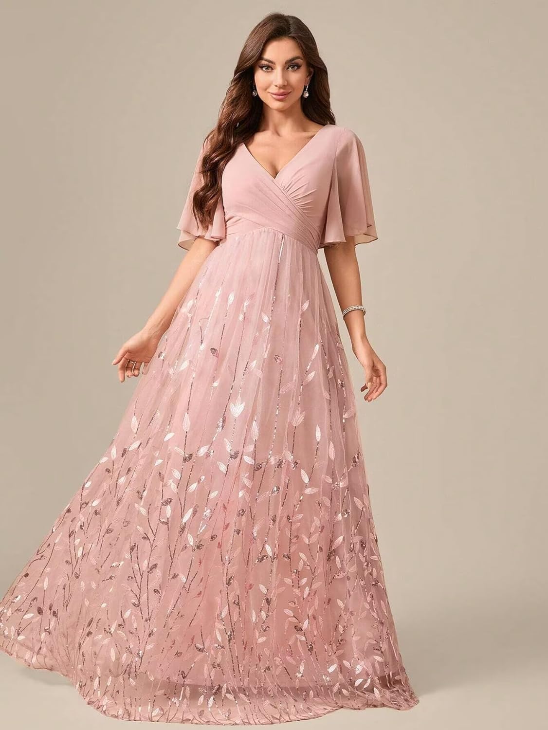 Mother of Bride Dresses for Wedding Leaf Sequin Formal Dress Tulle Short Sleeves Chiffon V Neck Evening Gowns