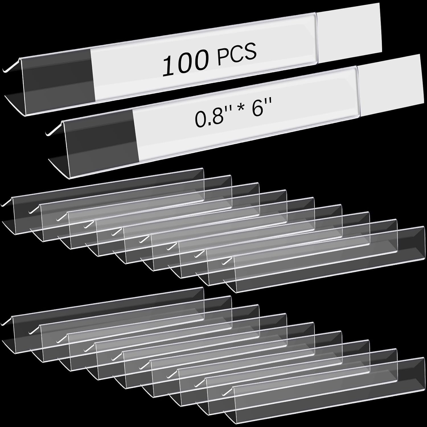 Teling 100 Pieces Shelf Label Holder, Clear Plastic 0.875'' x 6'' Shelves Clip Wood Tags Ticket Sign Label Metal Holders for 0.75'' Thick Shelves Includes Matched Blank Inserts Offices Libraries