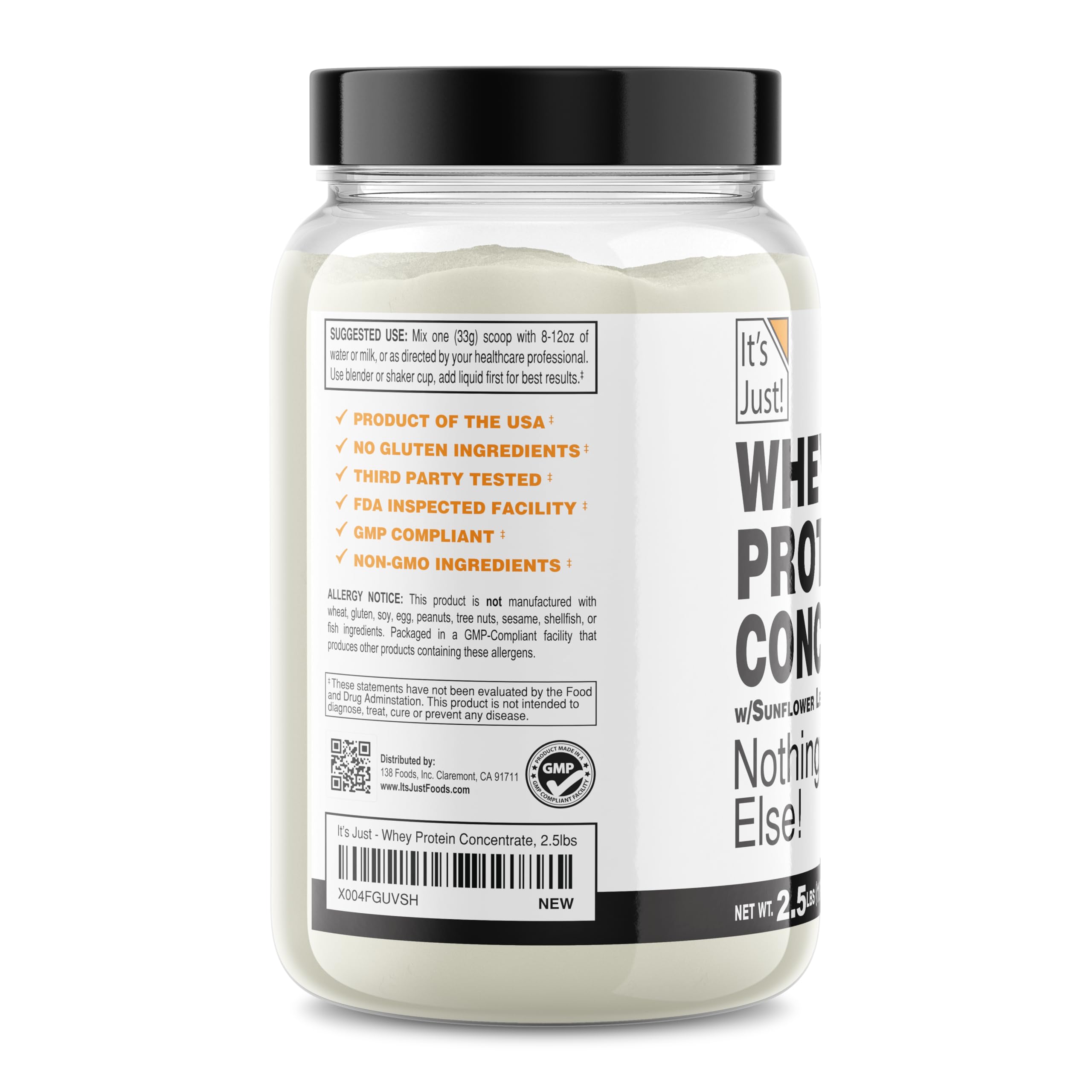 It's Just! - 100% Whey Protein Concentrate, Made in USA, Premium WPC-80, No Added Flavors or Artificial Sweeteners (2.5 Pound, Unflavored)