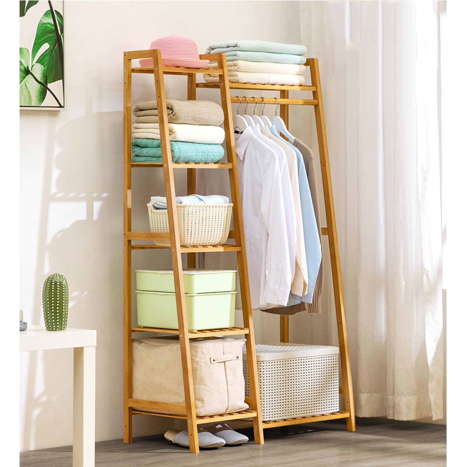 Bamboo Garment Rack 7-Tier Storage Shelves Clothes Hanging Rack, Heavy Duty Clothing Rack Minimalism Wardrobe Closet Organizer for Indoor for Living Room Bedroom Hallway Entryway,80 * 40 * 140CM,A
