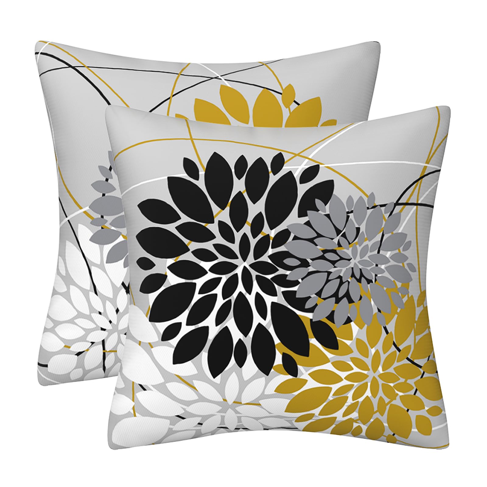 Drmstow Black Yellow Pillow Covers 18x18 Inch Dahlia Spring Summer Throw Pillows Geometric Floral Elegant Line Square Cushion Cases Farmhouse Outdoor Home Decor for Sofa Bed Living Room, Set of 2 — image 1
