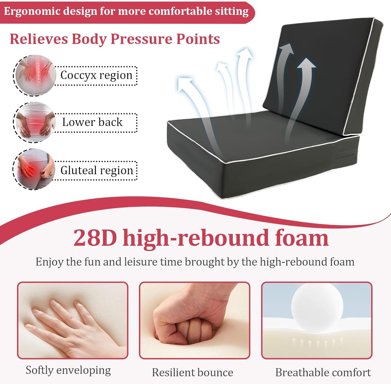 24x24x5 Inch Outdoor Cushions for Patio Furniture, Fade Resistant Deep Seat Cushion with Handle and Adjustable Straps, Waterproof Outdoor Chair Cushion (Dark Gray+White Side, 24x24x5inch)