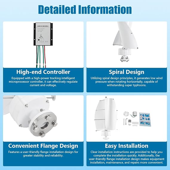 100WWind Turbine, 12V IP67Wind Turbine Generator Kit,Vertical Axis Wind Turbine Generator w/Controller, 13m/s Rated Wind Speed Wind for Home, Boats, Gazebos, Cabins, etc (White)