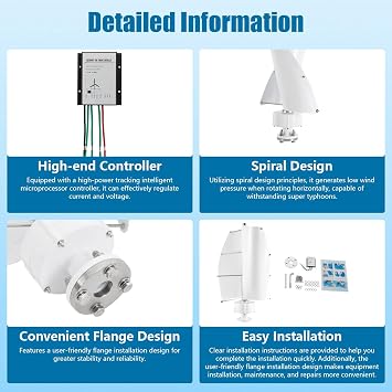 100WWind Turbine, 12V IP67Wind Turbine Generator Kit,Vertical Axis Wind Turbine Generator w/Controller, 13m/s Rated Wind Speed Wind for Home, Boats, Gazebos, Cabins, etc (White)