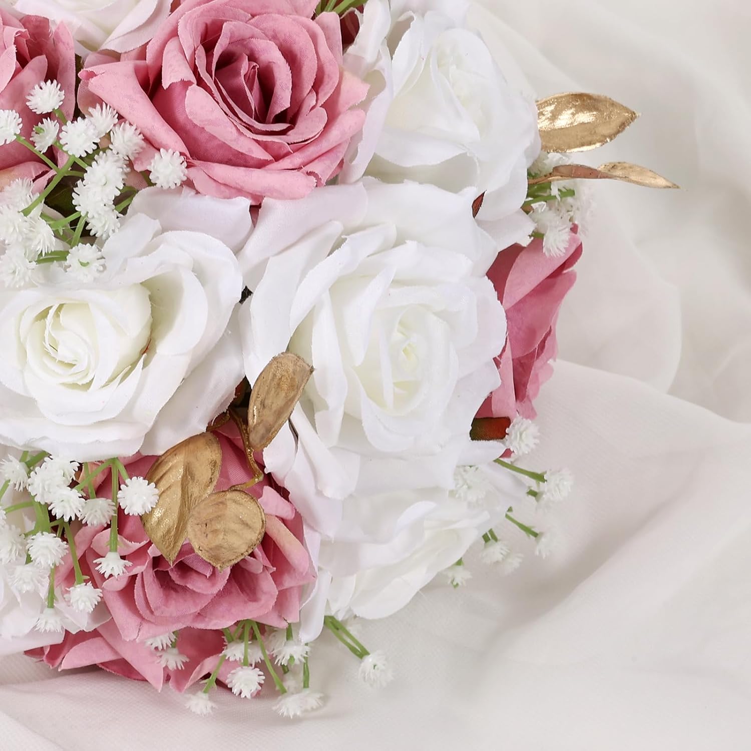 Wedding Bouquets for Bride - Realistic Silk Flowers Artificial Roses, 9 Inch Bridesmaid Bouquet for Ceremony, Church, Anniversary, and Home Decoration (White & Pink) - Image 5