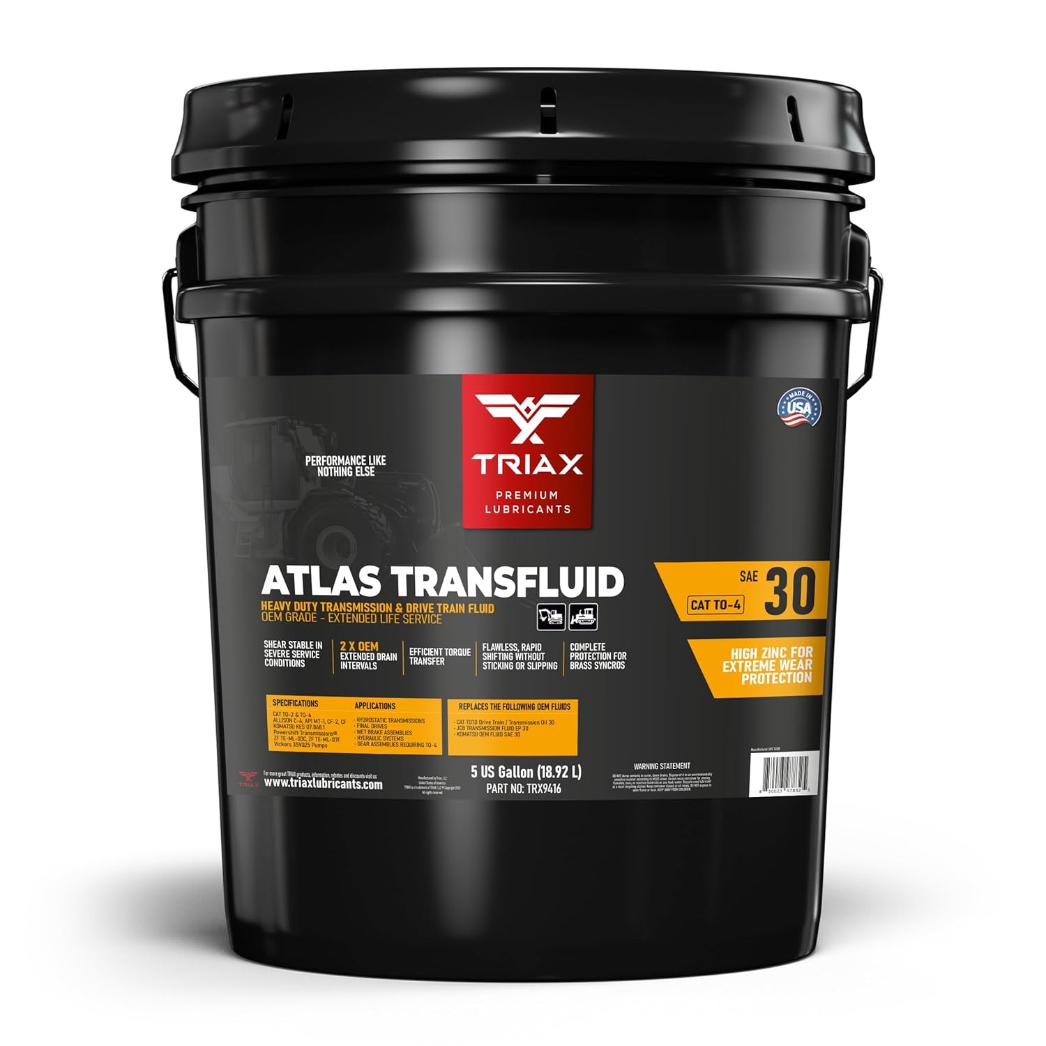 TRIAX Atlas Transfluid to-4 30W - Heavy Duty Transmission and Drive Train Fluid - OEM Grade, Extended Life - Compatible with Caterpillar to-4, Komatsu, Vickers, ZF, and More (5 Gallon Pail)