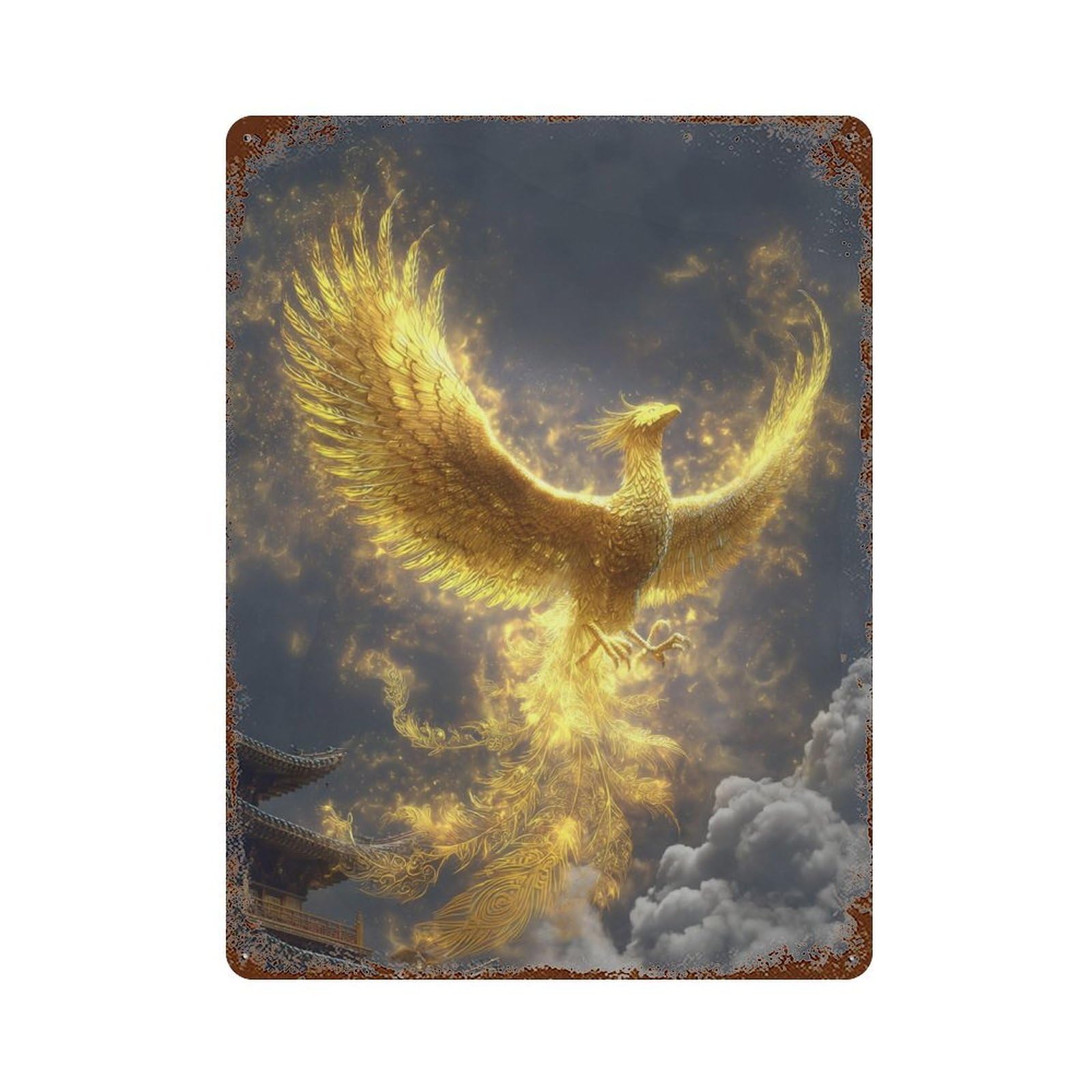 Garage Style Golden Phoenix Rising Distressed Metal Wall Sign 15.7"x11.8", Retro Wall Decor for Bar And Workshop