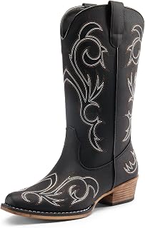 DREAM PAIRS Women's Cowboy Boots Mid Calf Cowgirl Boots Square Toe Chunky Heel Embroidery Stitched Western Boots