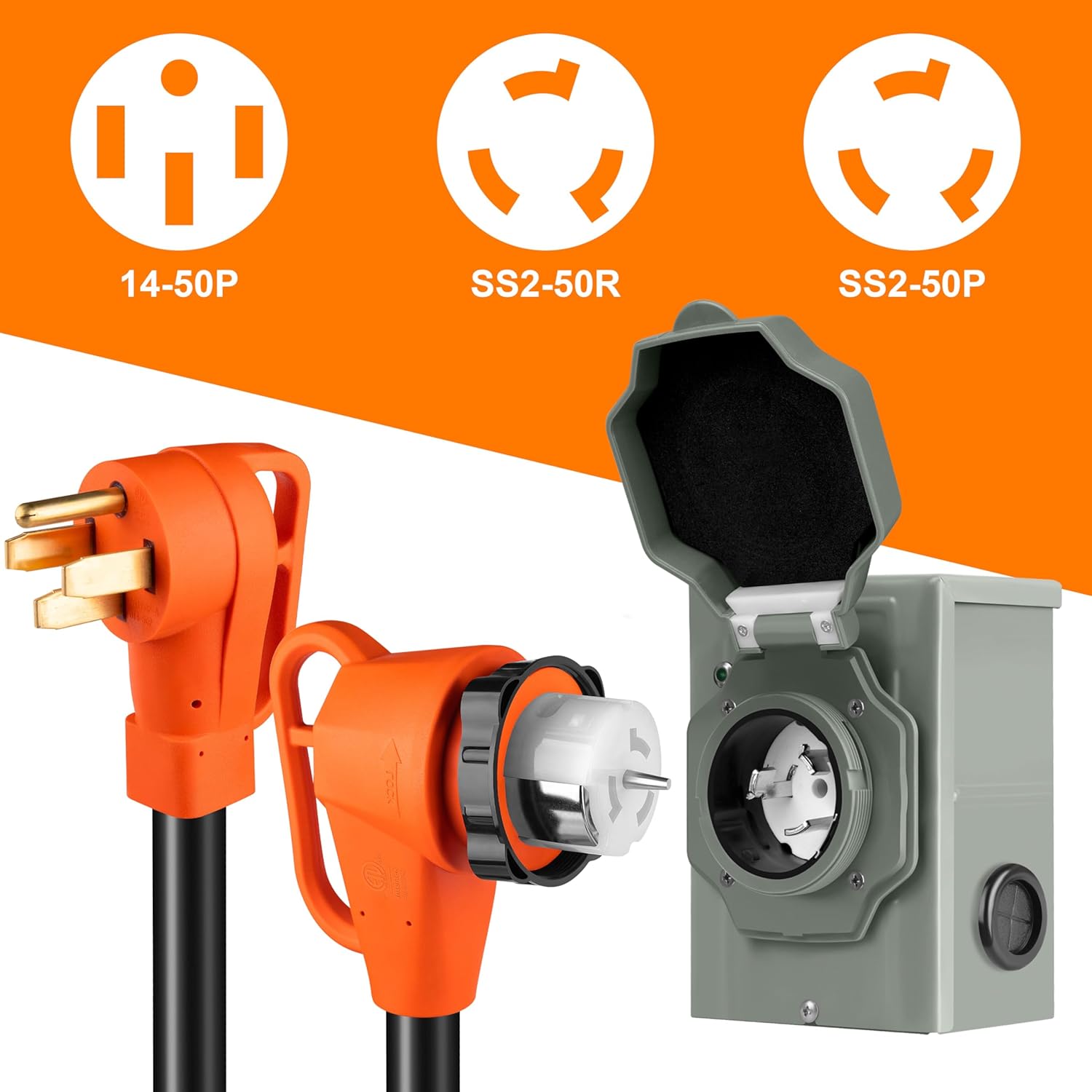 10FT 50 Amp Generator Cord and Power Inlet Box Kit, NEMA 14-50P to SS2-50R Generator Extension Cord, Pre-Drilled 50 Amp Generator Inlet Box with STW Wire, 125/250V, 12500W;UL&ETL Listed