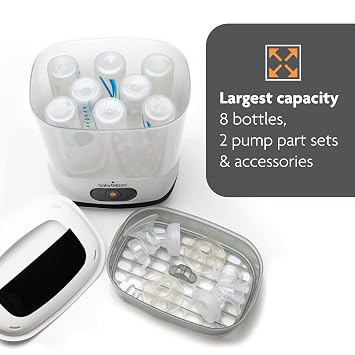 Baby Brezza 4 in 1 Baby Bottle Sterilizer Machine Largest Capacity Electric Steam Sterilization Pacifiers, Breast Pump Parts + Universal Sterilizing for All Bottles: Plastic, Glass, Large, Small