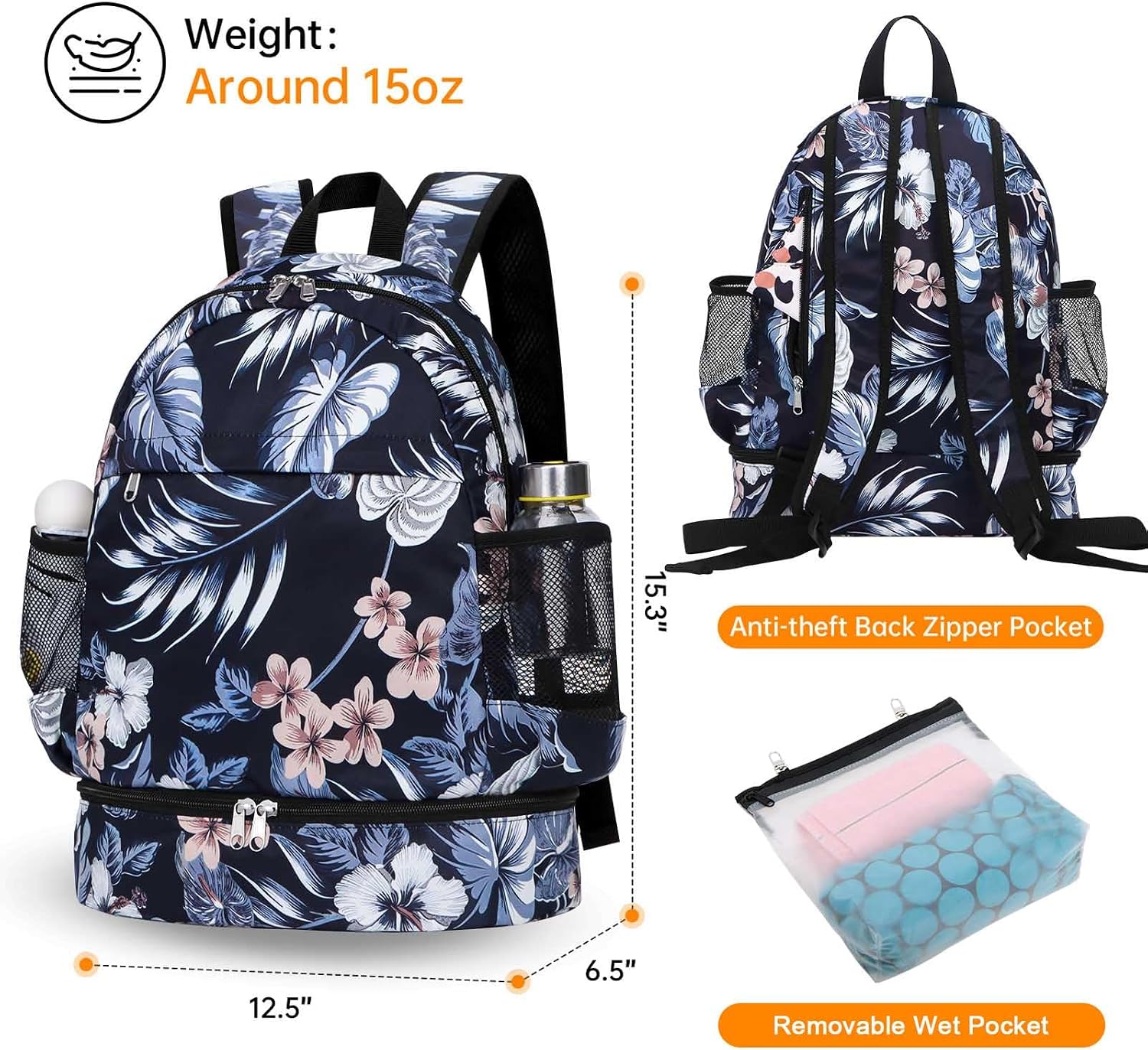 Dry Wet Gym Backpack with Shoe Compartment and Wet Pocket for Women Water Resistant Sports Bag for Swimming Beach Yoga Travel, Hibiscus M