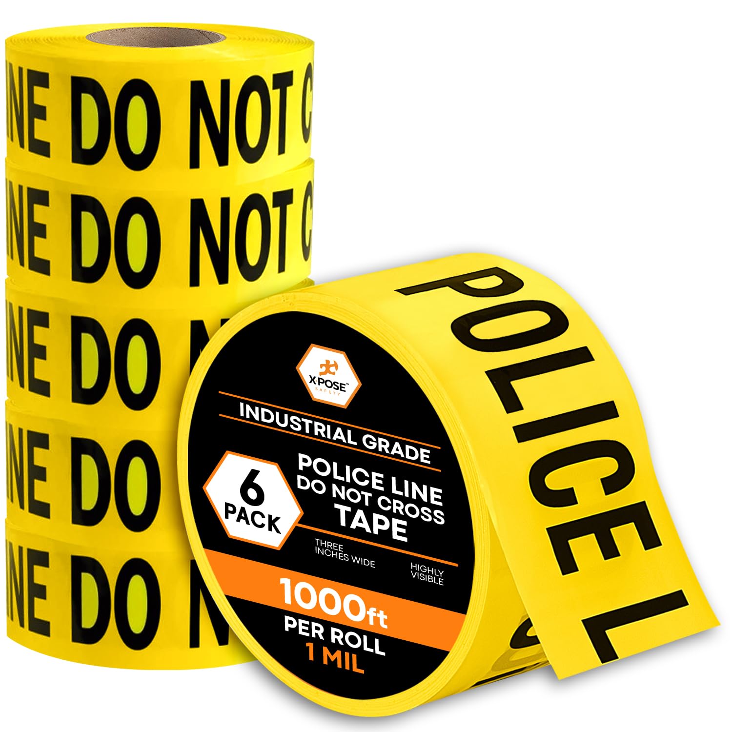 Xpose Safety Yellow Police Line Do Not Cross Tape – (6 Rolls) – 3" x 1000' High-Visibility Barricade Tape for Construction Sites, Hazards, Crime