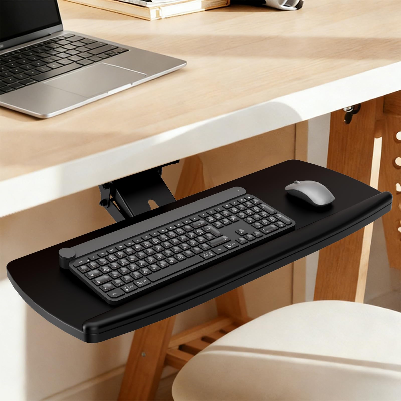 AX WABER Support pour clavier et souris sous le bureau avec tiroir de rangement, hauteur réglable, pivotant et inclinable à 360°, ergonomique, adapté au gaming et au travail de bureau, noir