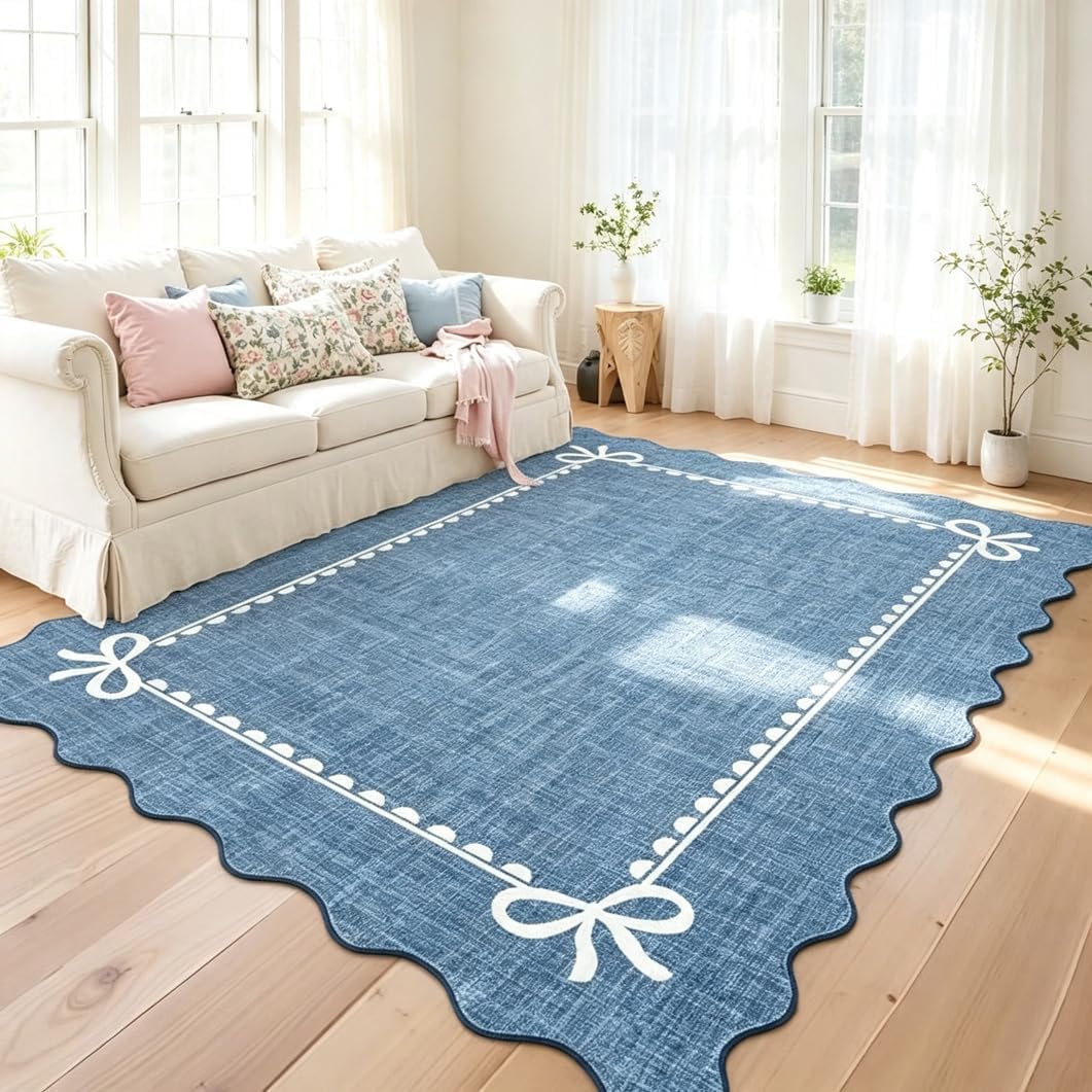 Scalloped Bow Washable Rug, Upgraded Non Slip Low Pile Soft Indoor Carpet