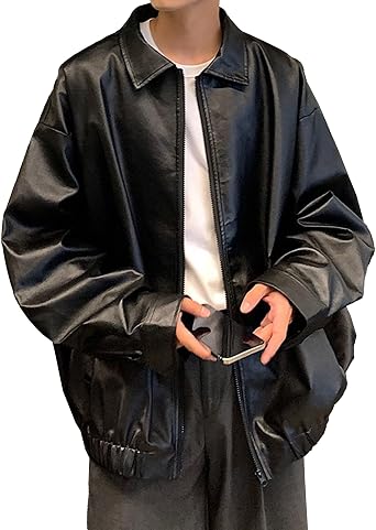 Men Lapel Oversized Leather Jacket Lapel Zipper Leather Motorcycle Jacket Vintage Baggy Bomber Leather Jacket