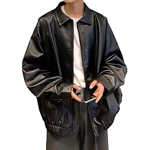 Men Lapel Oversized Leather Jacket Lapel Zipper Leather Motorcycle Jacket Vintage Baggy Bomber Leather Jacket