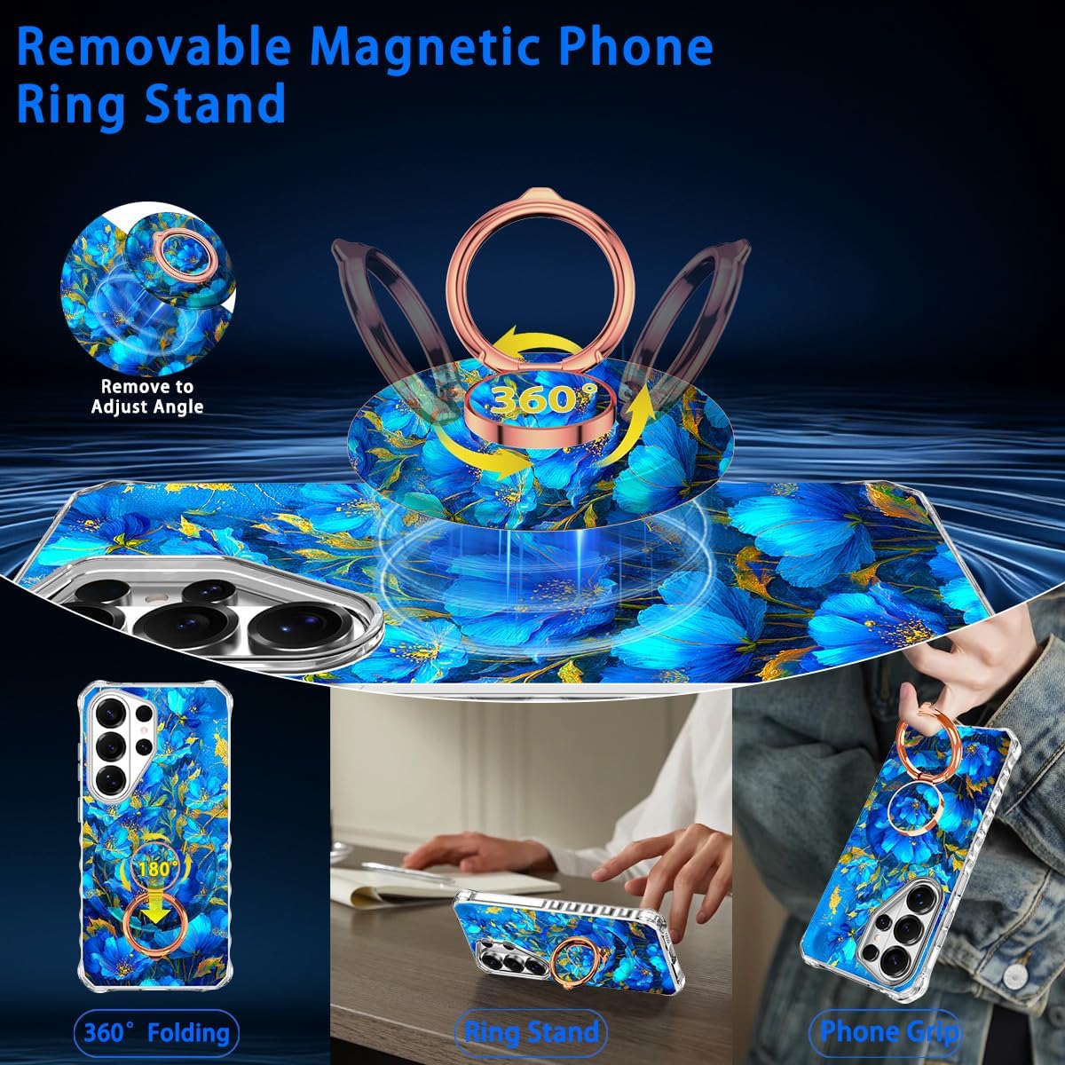 for Galaxy S26 Ultra Case,Magnetic Removable Floral Phone Ring Stand, 360°Rotation MagSafe Stand,Slim Wavy Frame Cases with Cute Flowers for Samsung Galaxy S26 Ultra 6.9 inch,Blue