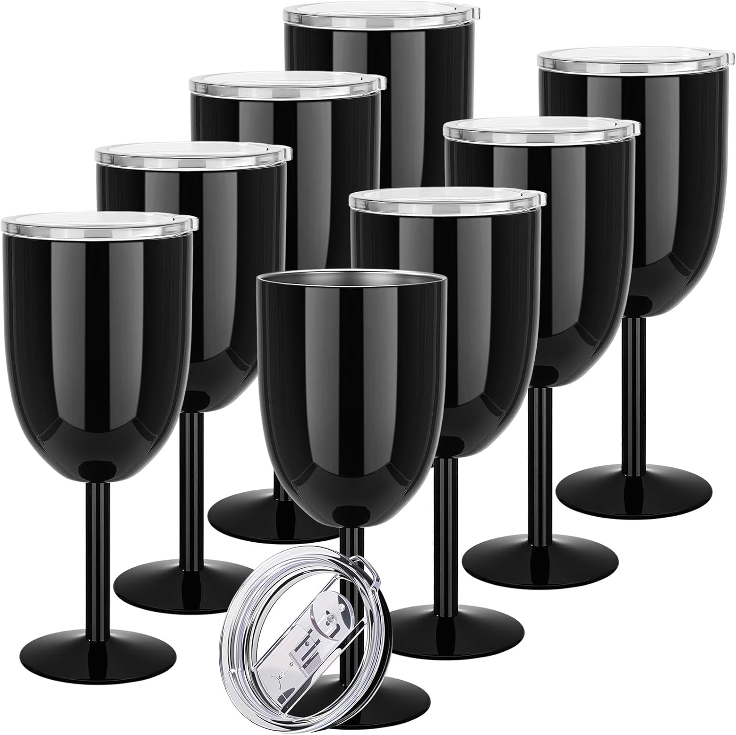 Yinder 8 Pcs Stemmed Stainless Steel Wine Glasses, 12 oz Stainless Wine Goblet with Lids Double Wall Insulated Unbreakable Goblets Insulated Stem Tumbler for Friendship Birthday Party (Black)