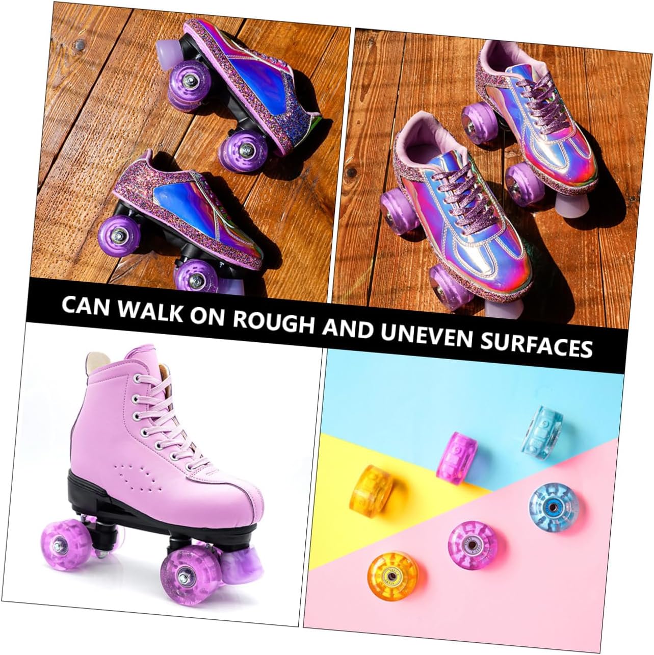 POPETPOP Roller Skates Wheels Double Row 4pcs Set Pink Purple Iridescent LED Light up Outdoor Skating Replacement Wheels for Quad and Inline Skates