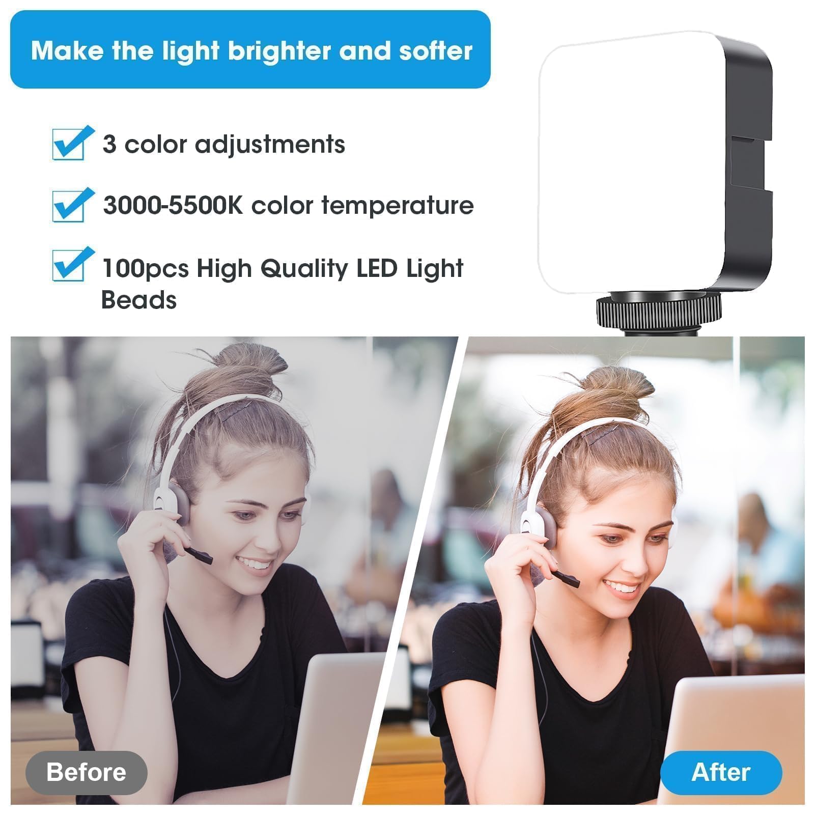 100 LED Professionale Luce Video, 3000-5500K 3 Modalità di Luce Video, Batterie Integrate da 1200Mah, CRI 90+, Luce Selfie con Clips per Telefono per Video Conferenza per iPhone, iPad, Laptop