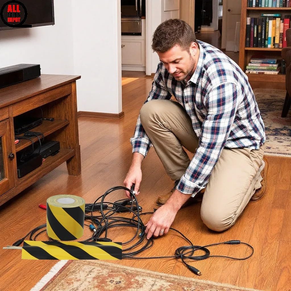 Floor Cord Cover Tape – 6” x 39 Yards, Non-Adhesive Channel for Cable Management, Black and Yellow High-Visibility, Protects Cords and Prevents Trip Hazards. Pack of 1 ROLL