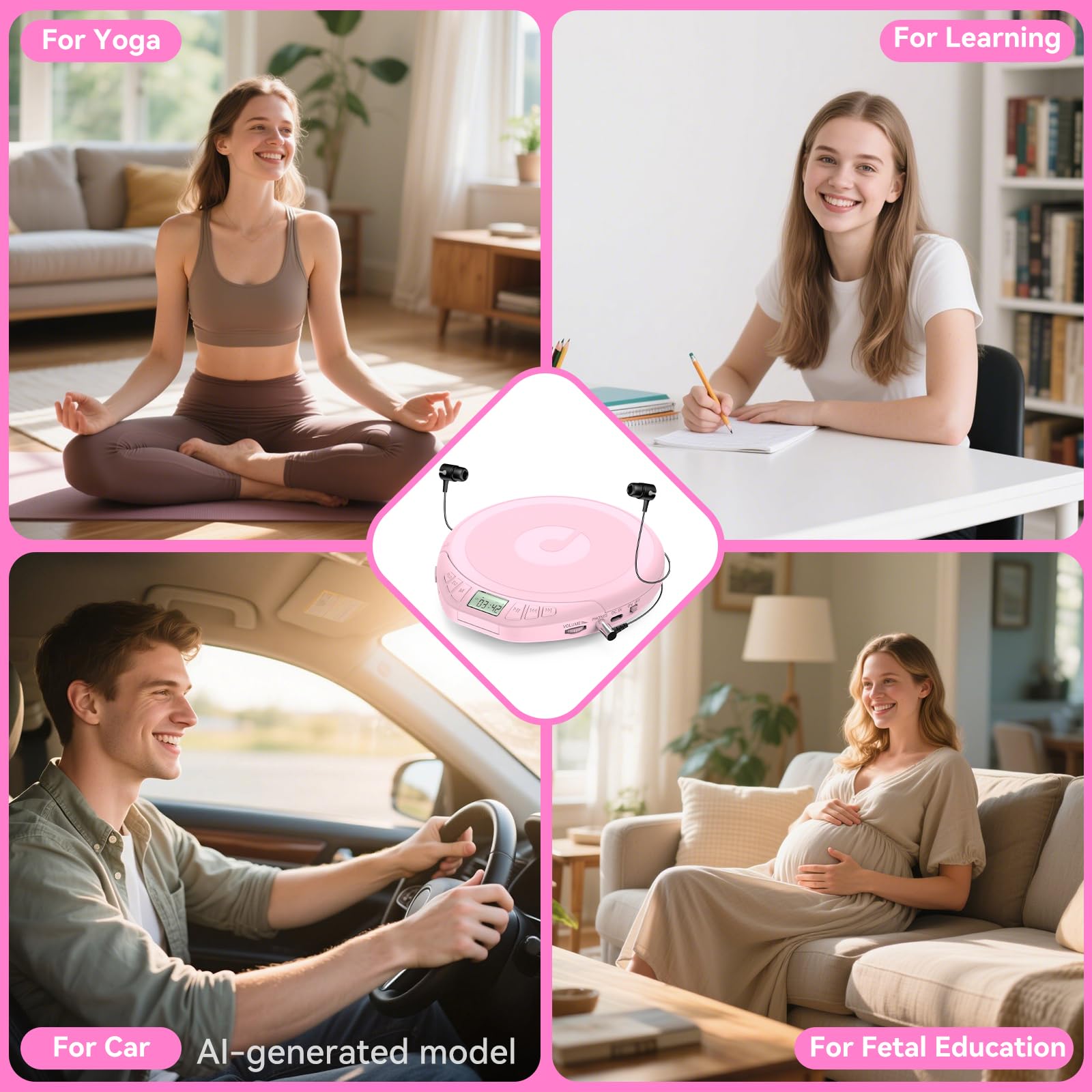 Gueray Lecteur CD Portable avec Casque Écran LCD Protection Anti-Saut Lecture HiFi Classique Fonction Mémoire Prog Lecteur CD Personnel pour Voiture Maison (Rose)