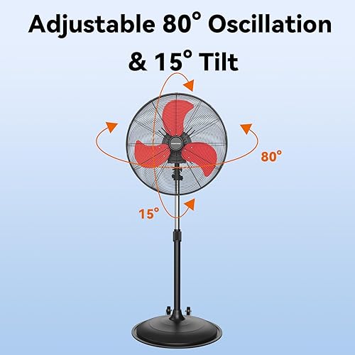 Miniatura 4 de Ventilador de pedestal oscilante de 20 pulgadas, serie Pro, 3 velocidades 5000 CFM, ventilador de pie de metal de alta velocidad con ruedas,