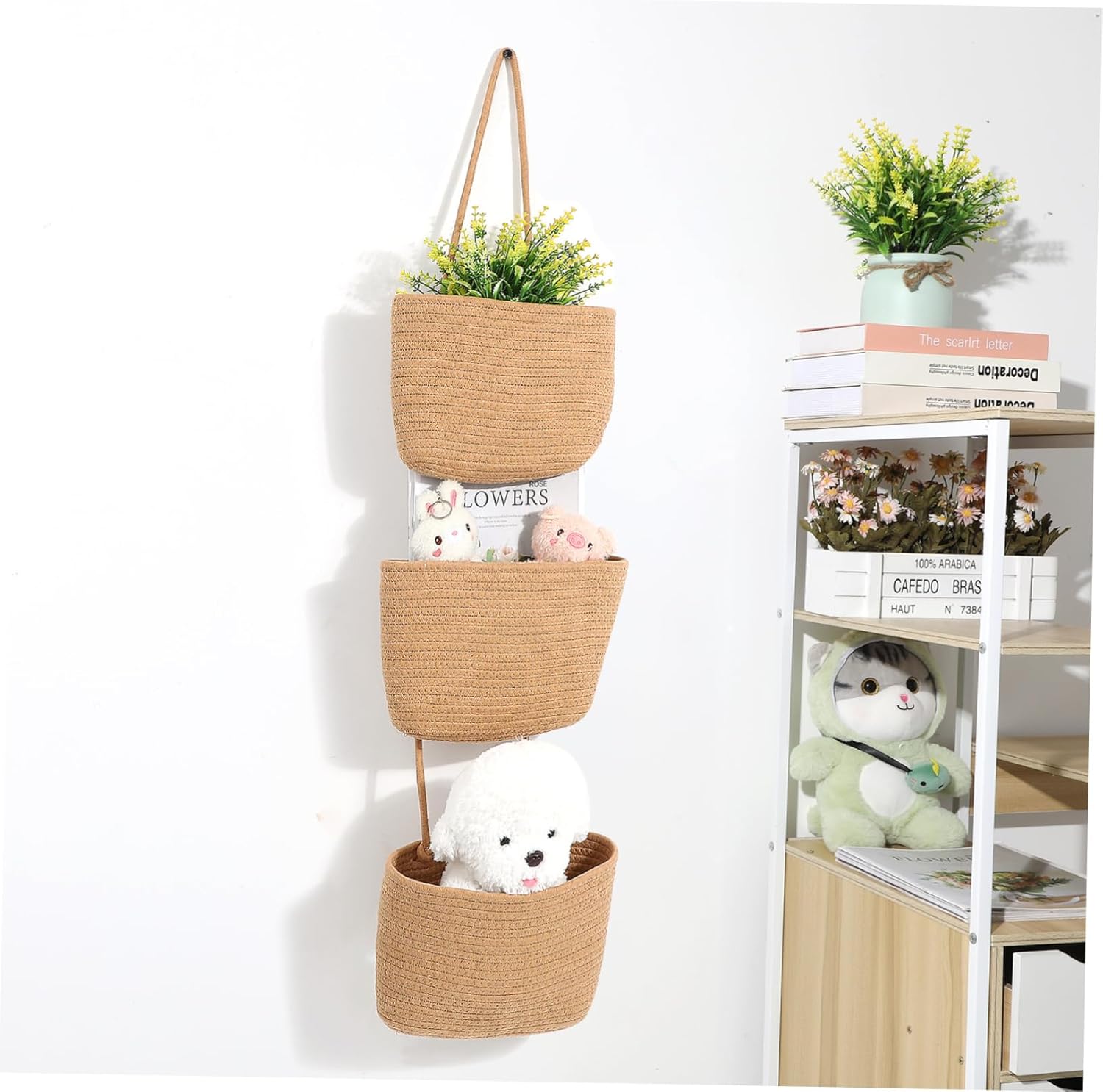 Luxshiny Hanging Wall Baskets Space-saving Design Storage Basket Sturdy Cotton Rope Minimalist Style