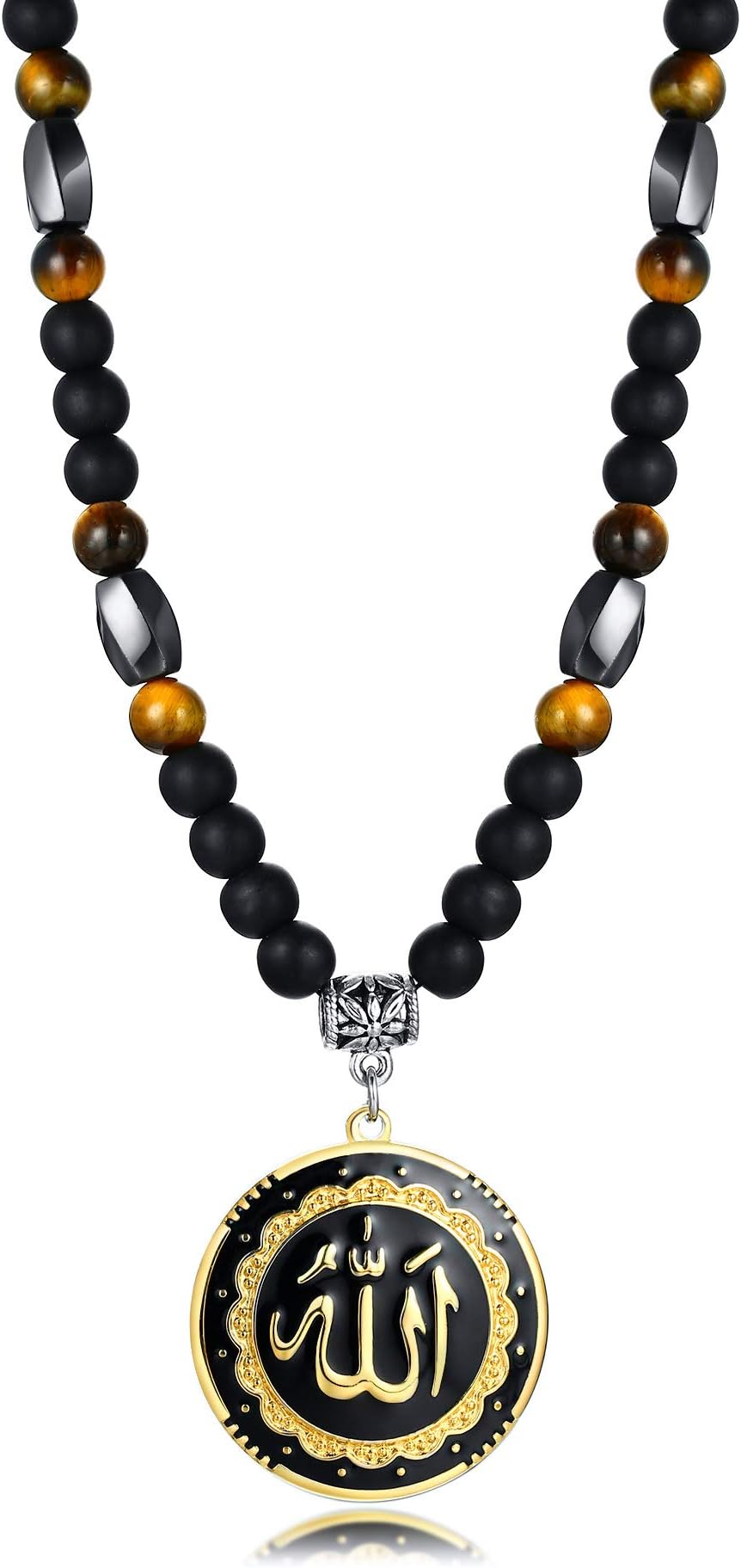 MEALGUETAllah Medallion Necklace, Stainless Steel Islamic Jewelry,Arabic Jewelry,Allah Name of God Round Pendant Necklace for Women and Men with Agate Beaded Chain, Muslim Gift Jewelry