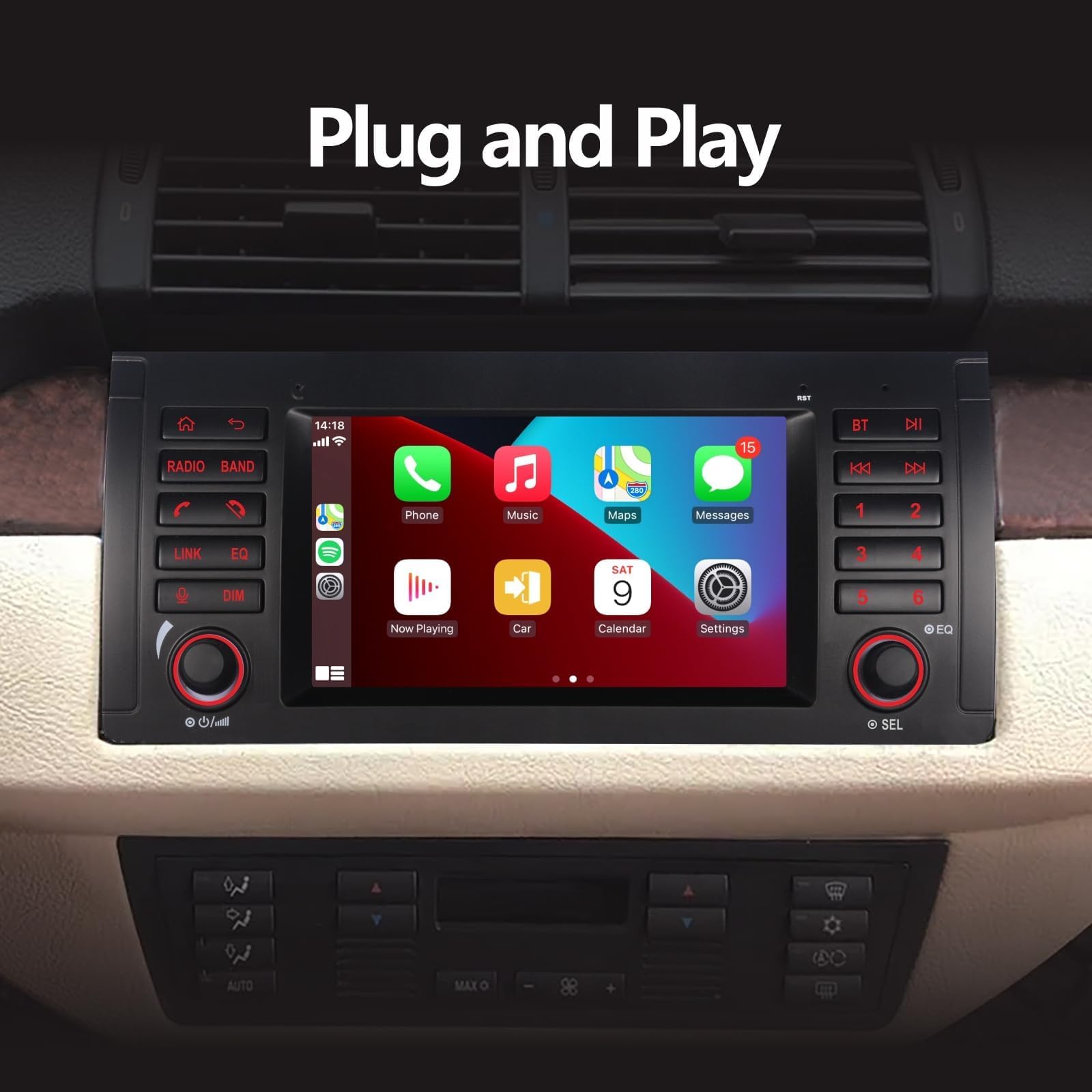 Hikity 2+32G Android Autoradio Carplay Pour BMW E39 (5er M5) E53 (X5) 530 520 525, Android Auto Sans Fil 9'' écran Voiture Tactile Poste Radio Voiture Avec WiFi GPS DSP +Caméra De Recul Canbus