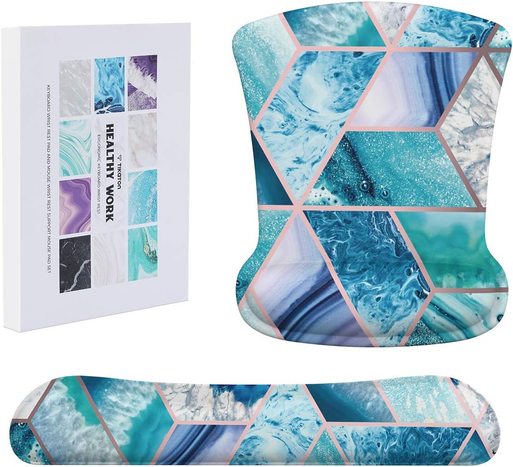 Tikaton Keyboard Wrist Rest Pad and Mouse Wrist Rest Support Mouse Pad Set, Non Slip Rubber Base Wrist Support with Ergonomic Raised Memory Foam for Easy Typing & Pain Relief (Ocean)