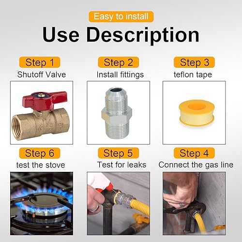 Miniatura 4 de TT FLEX Kit de conector de gas, manguera de gas flexible de acero inoxidable de 36 pulgadas con revestimiento amarillo para calentador de agua a