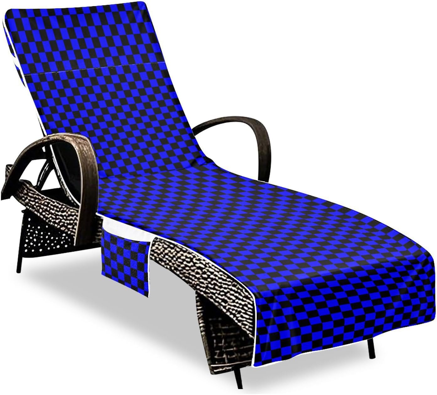 Buffalo Plaid Check Black Blue Decorative Patio Lounge Chair Covers Microfiber Soft Outdoor Chaise Lounge Cover with Windproof Straps for Beach Garden Courtyard Trips, fundas para muebles de