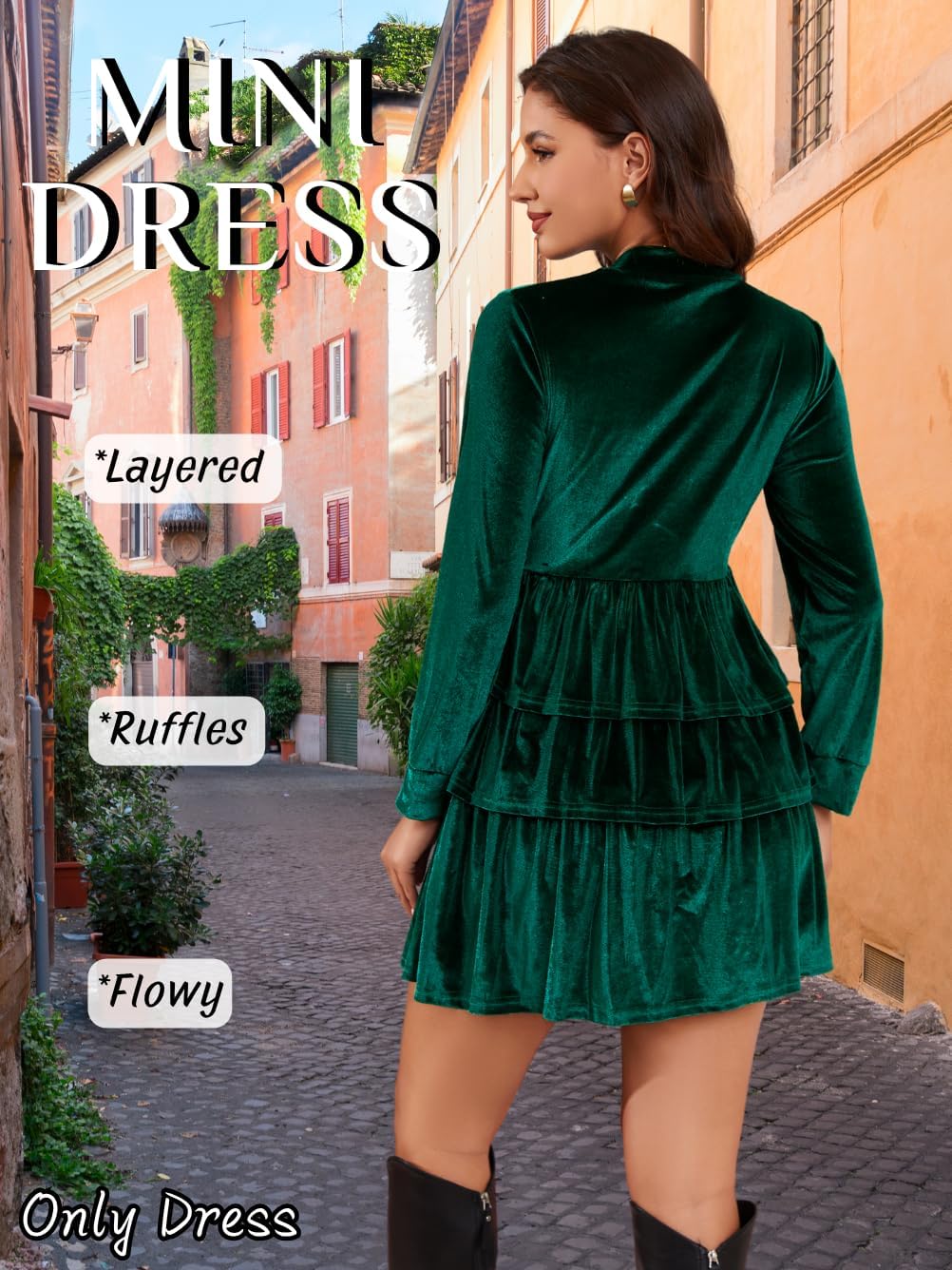 EHSUYAB Women Mini Velvet Dress, Cocktail Party Wedding Guest Outfits Babydoll Dresses Green Large - Image 4