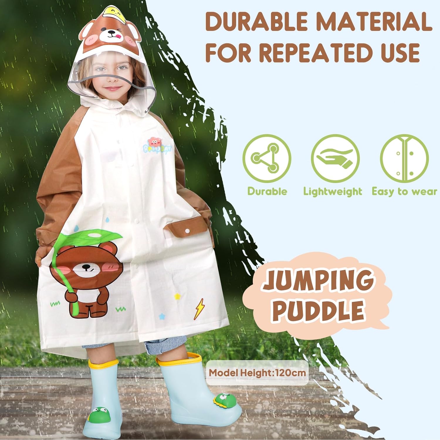 ANYOO Kids Rain Poncho with Hood Reusable Rain Jacket Lightweight & Durable Raincoats for Boys and Girls for Travel Outdoor - Image 5