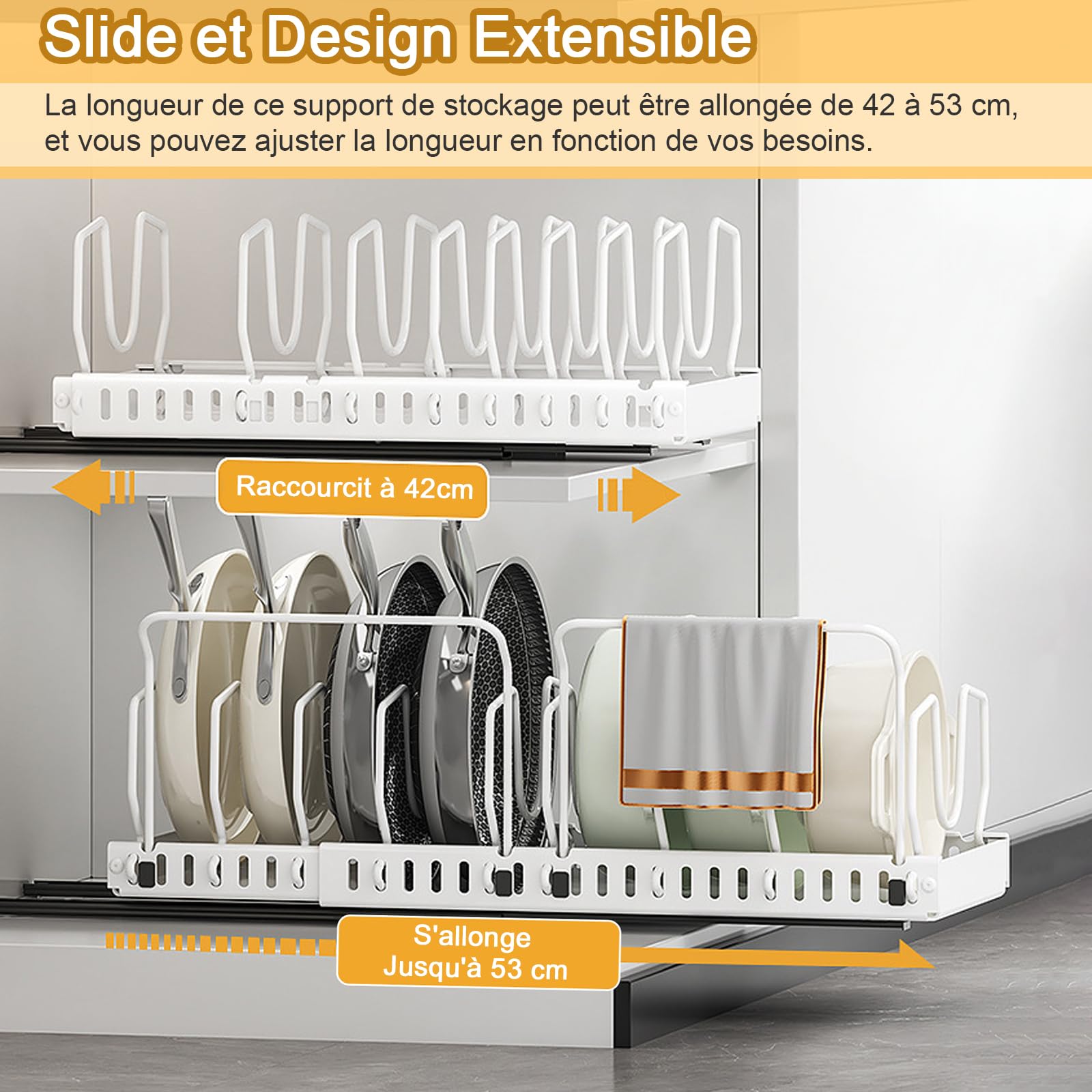 Ensemble de 2 casseroles et poêles Organisateur avec 2 Supports de poignée, Organisateur de Couvercle Coulissant avec 10 séparateurs de Couvercle réglables (Blanc)