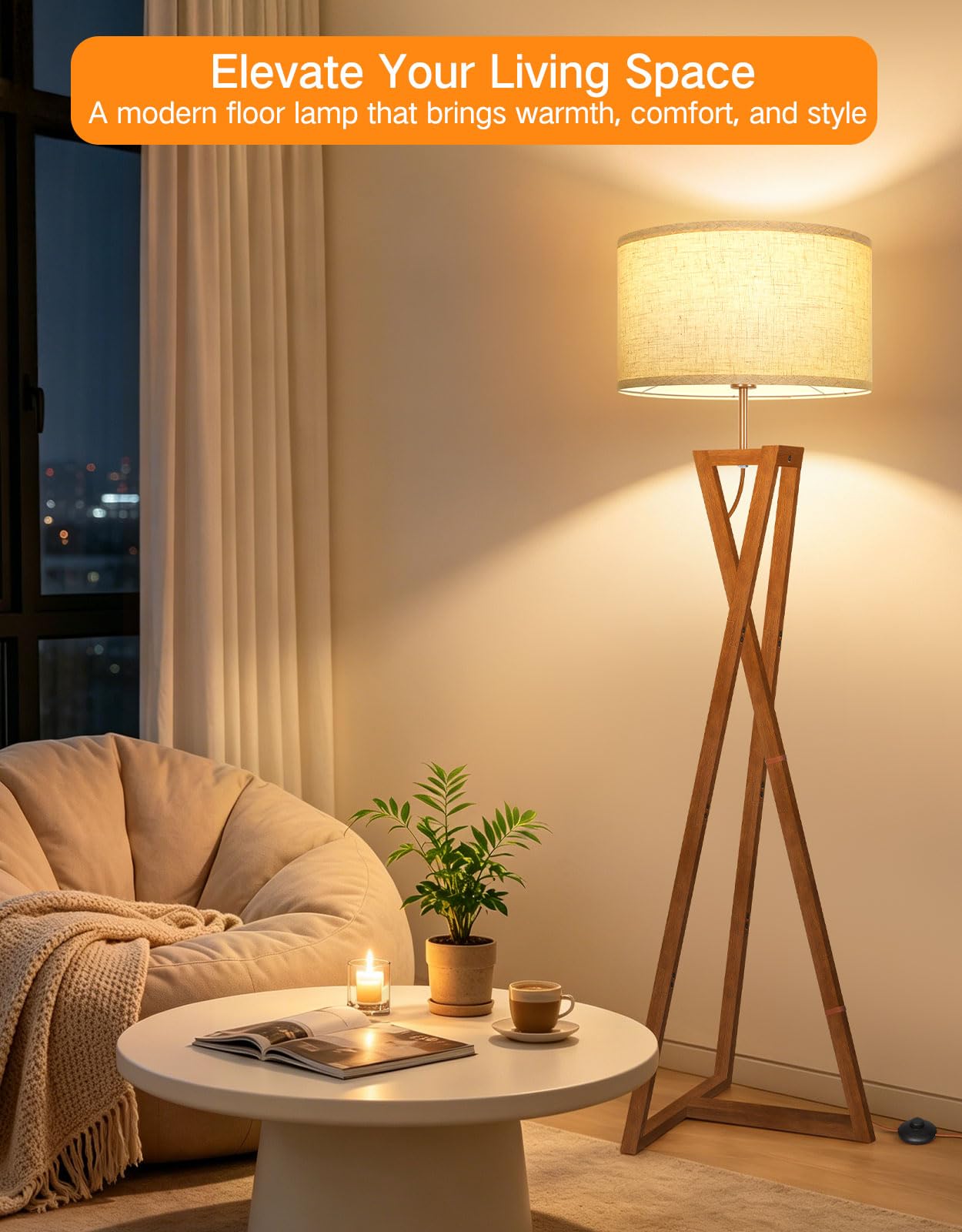 OUTON Holz Stehlampe mit Fernbedienung, Dimmbar, Schlafzimmer, Braun | 1100LM LED, stufenlos dimmbar, Leinen Lampenschirm, Massivholz, 5 Lichtmodi, Timer, Memory Funktion