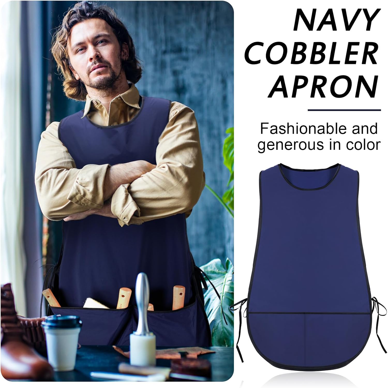 Newcotte 10 Pieces Cobbler Apron Unisex Smock Apron Regular Housekeeping Uniform Navy Blue Universal Cleaning Kitchen for Women with 2 Pockets and Side Ties