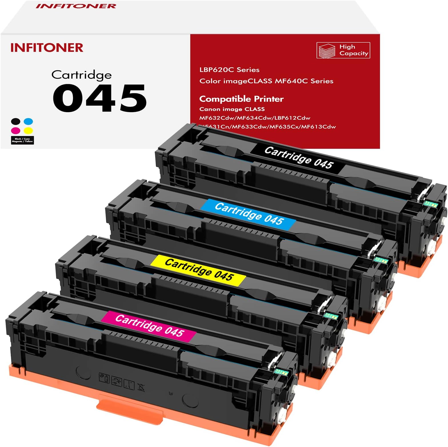 INFITONER 045 045H CRG-045 4-Color Toner Cartridge Set Replacement for Canon 045 045H Toner Cartridge for Canon Color imageCLASS MF634Cdw, MF632Cdw, LBP612Cdw Laser Printers ( 4-Pack)