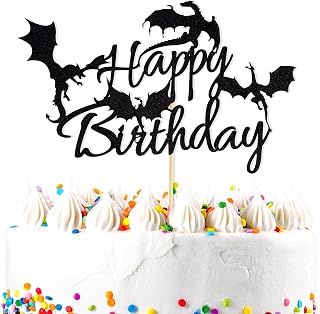 Dragon “Happy Birthday” Cake Topper – 1pc Medium Black Glitter Dragon Cake Pick Decoration for Dragon-Themed Birthday Party Supplies