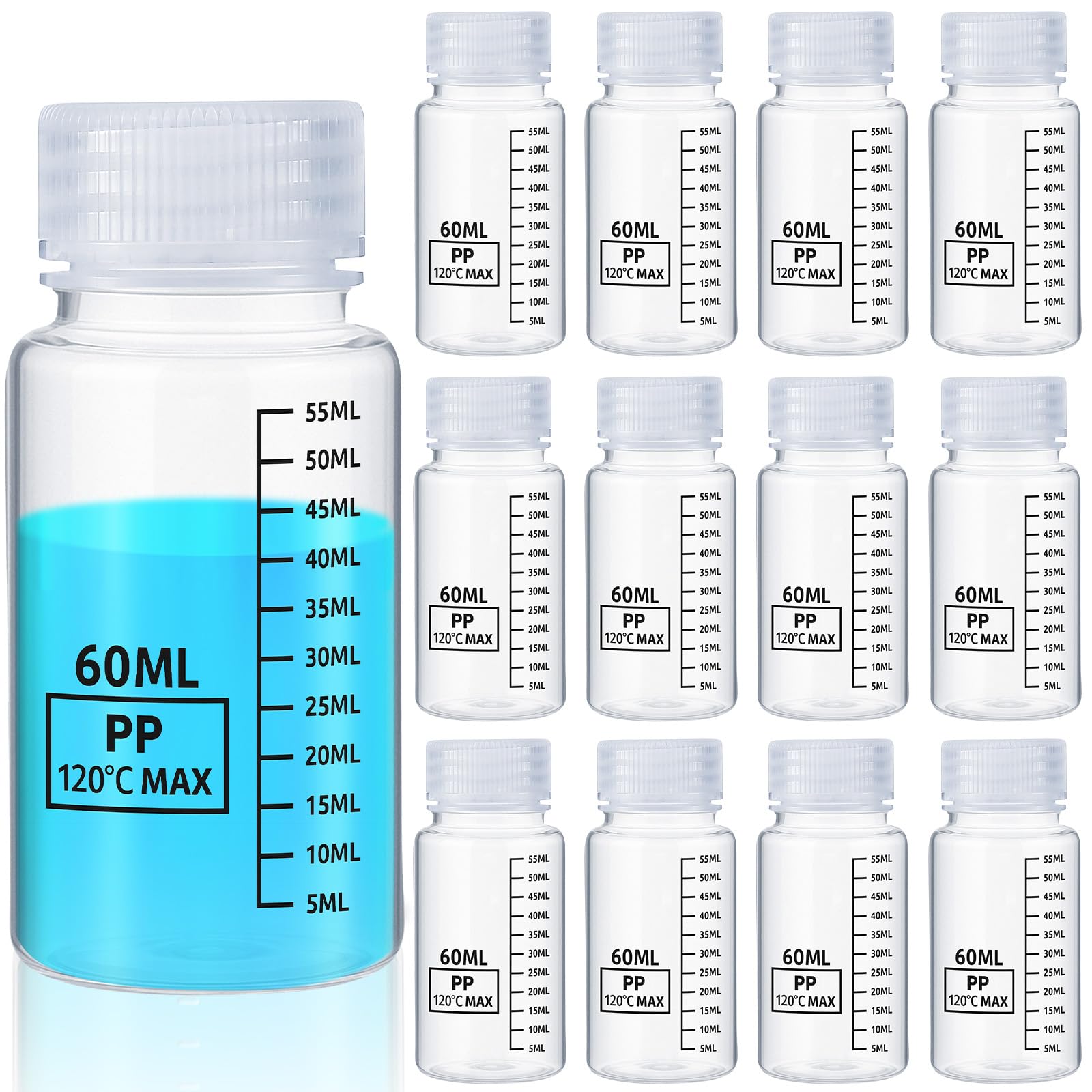 Tatuo 12 Pcs 2oz 60 ml Plastic Sample Bottles with Screw Cap, Liquid Containers with Lid for Lab Reagent Sample Medicine Pill Water Storage, Travel