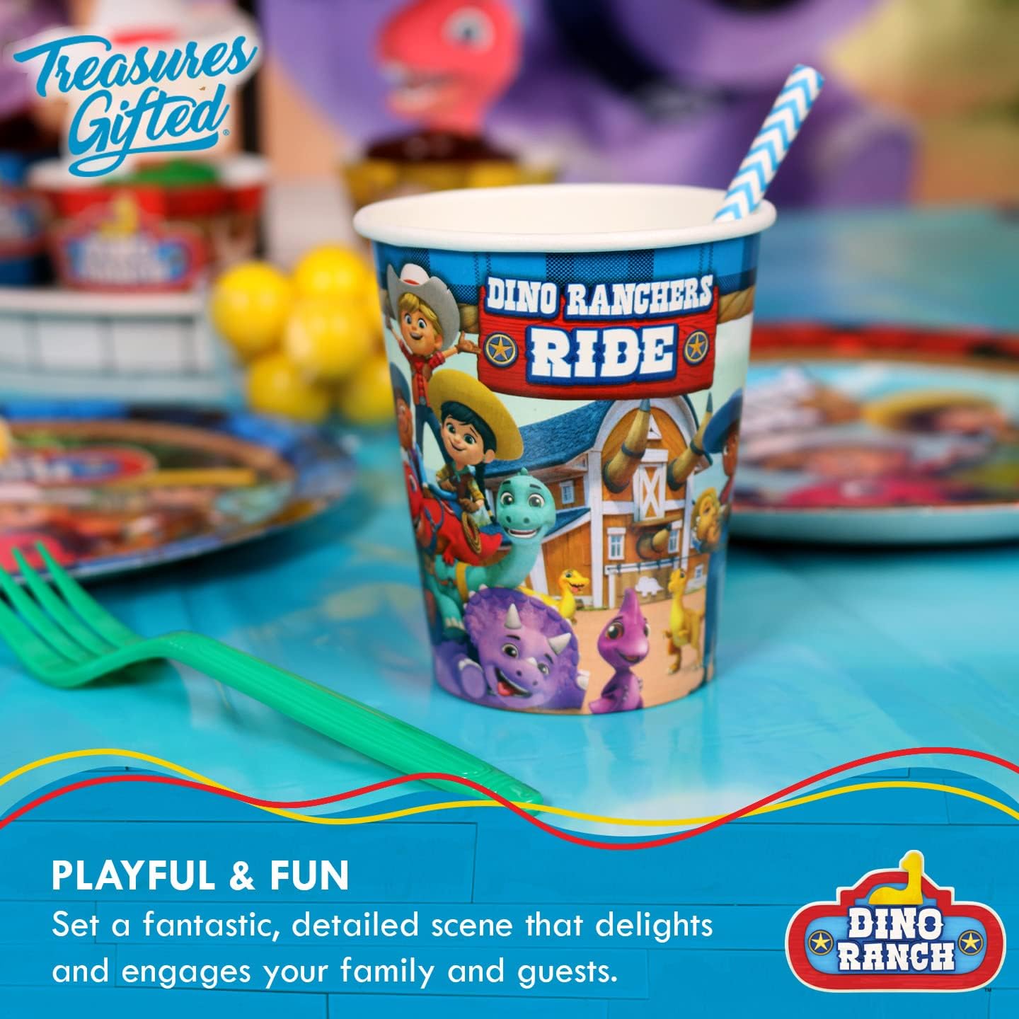 Treasures Gifted Dino Ranch Birthday Party Supplies - Serves 16 Guests - Dinnerware Classic Set - Dino Ranch Party Supplies Including Dinosaur Birthday Party Plates & Napkins, Dino Ranch Cups