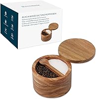 Vista 1 de KITCHENDAO Caja de Tazón de Sal y Pimienta de Madera de Acacia, Cuchara Incorporada, Contenedor de Condimentos de Especias de Dos Compartimentos