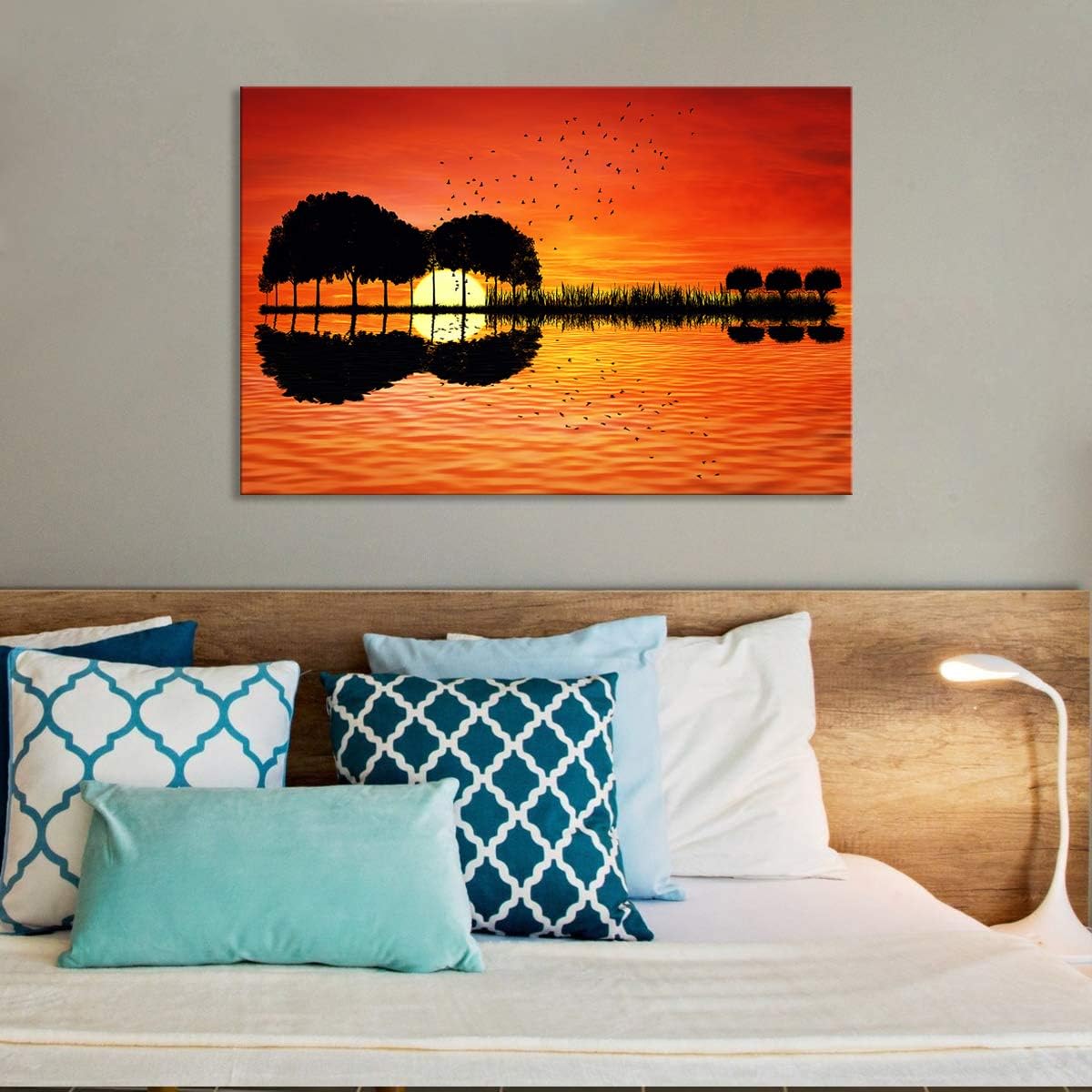 Urttiiyy Modern Abstract Guitar Tree Lake Sunset Art Canvas Painting Living Room Decorating Painting Home Decor HD Printed Artwork Poster Framed Ready to Hang