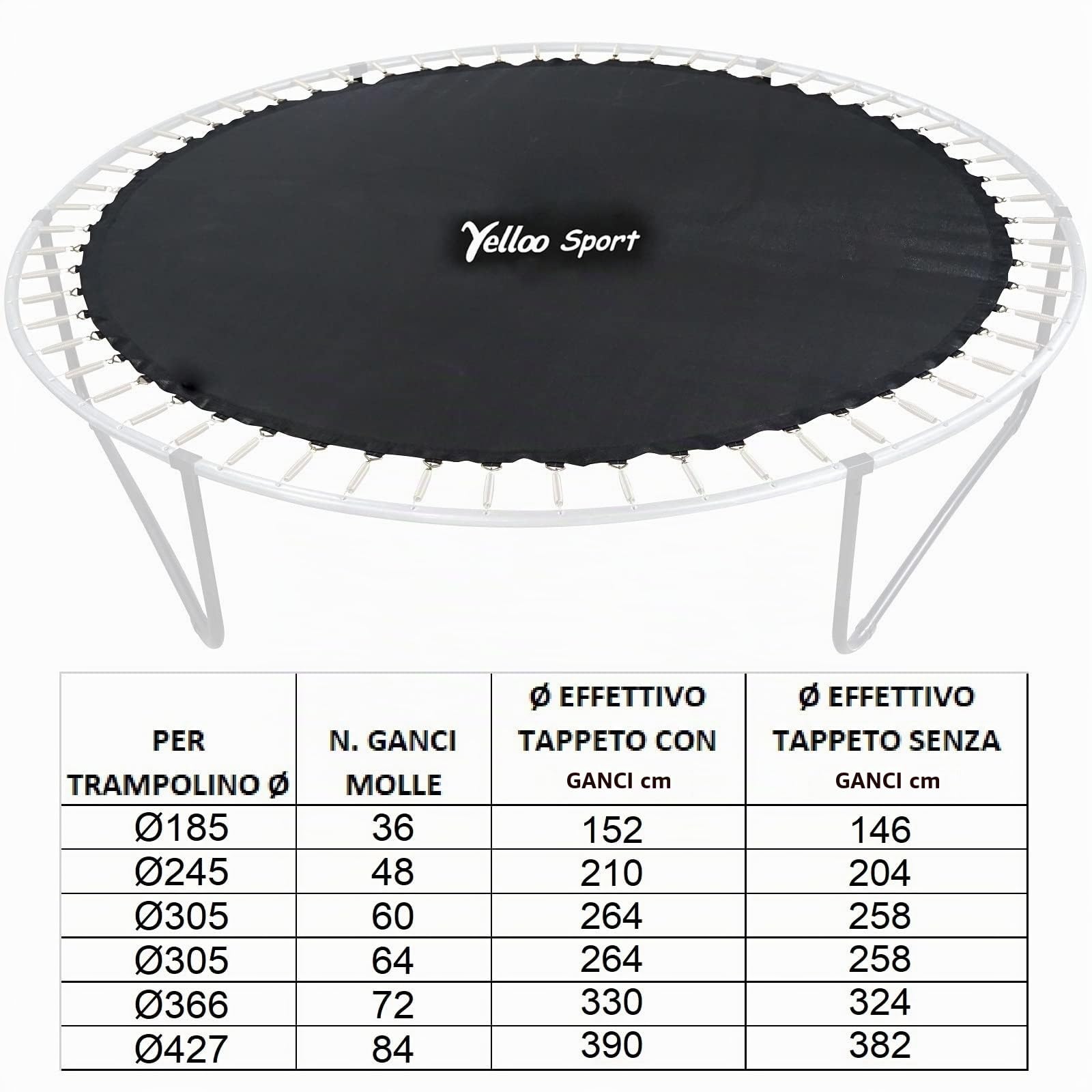 yelloo Tappeto Elastico per Trampolino di Diametro Esterno 366 cm Telo Ricambio Salta Saltarello predisposto con Ganci per 72 Molle