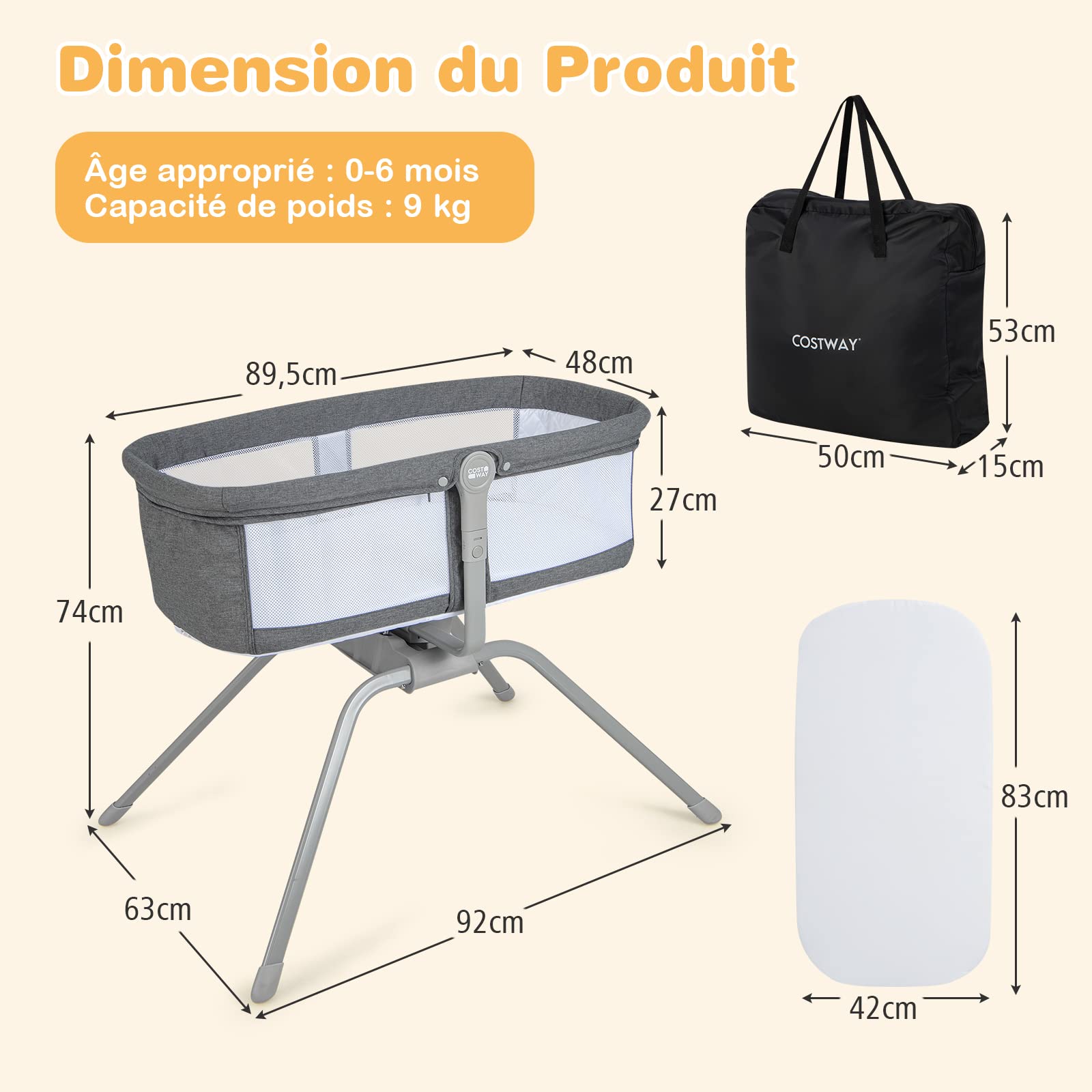 COSTWAY Berceau Bébé Pliable avec Matelas Moelleux de 2,5 cm, Lit de Voyage avec Inclinaison Réglable, Mode Berçant & Stationnaire, Maille Respirante, Sac de Transport, Charge 9 KG, 0-6 Mois